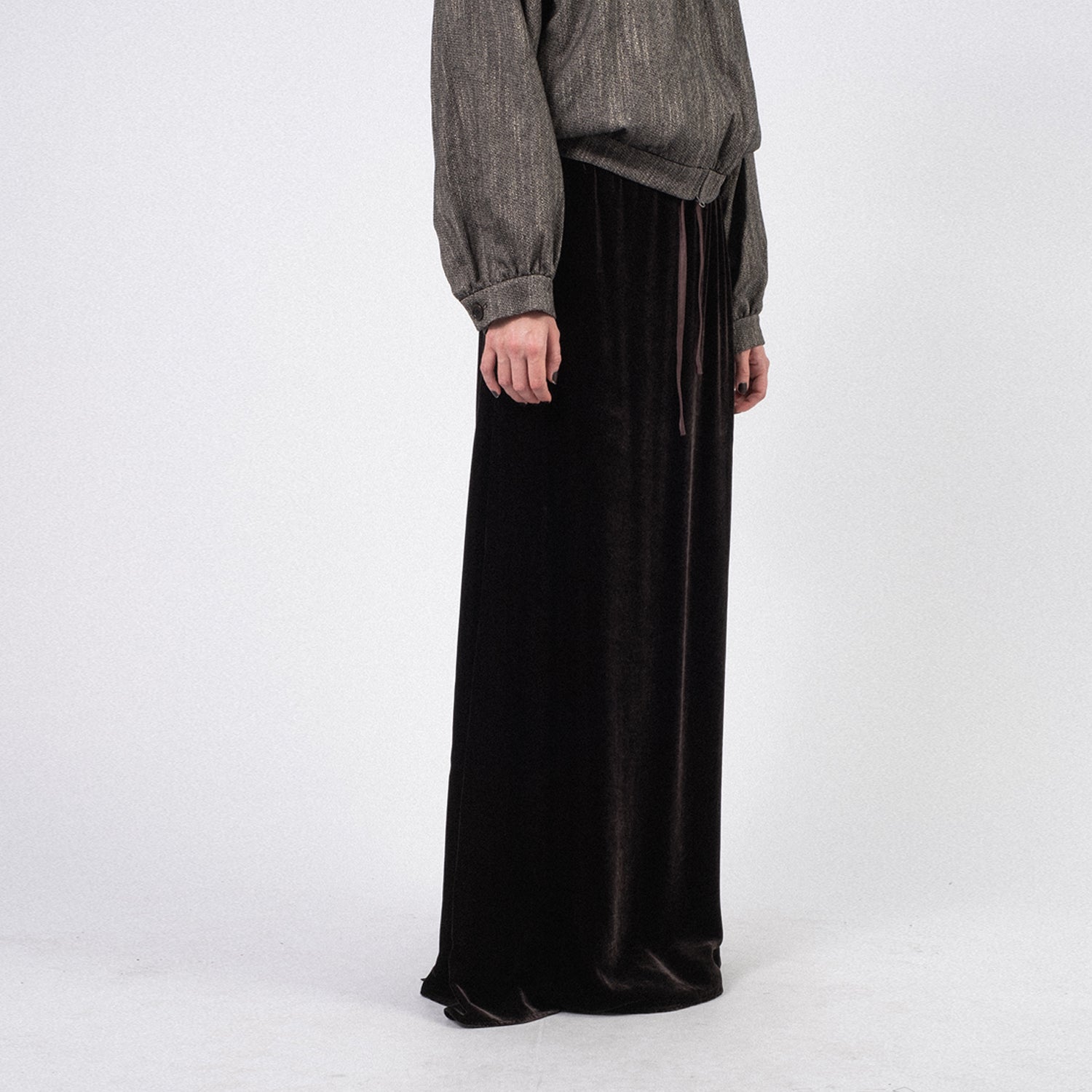 [AMOMENTO] VELVET DRAWSTRING MAXI SKIRT _ DARK BROWN