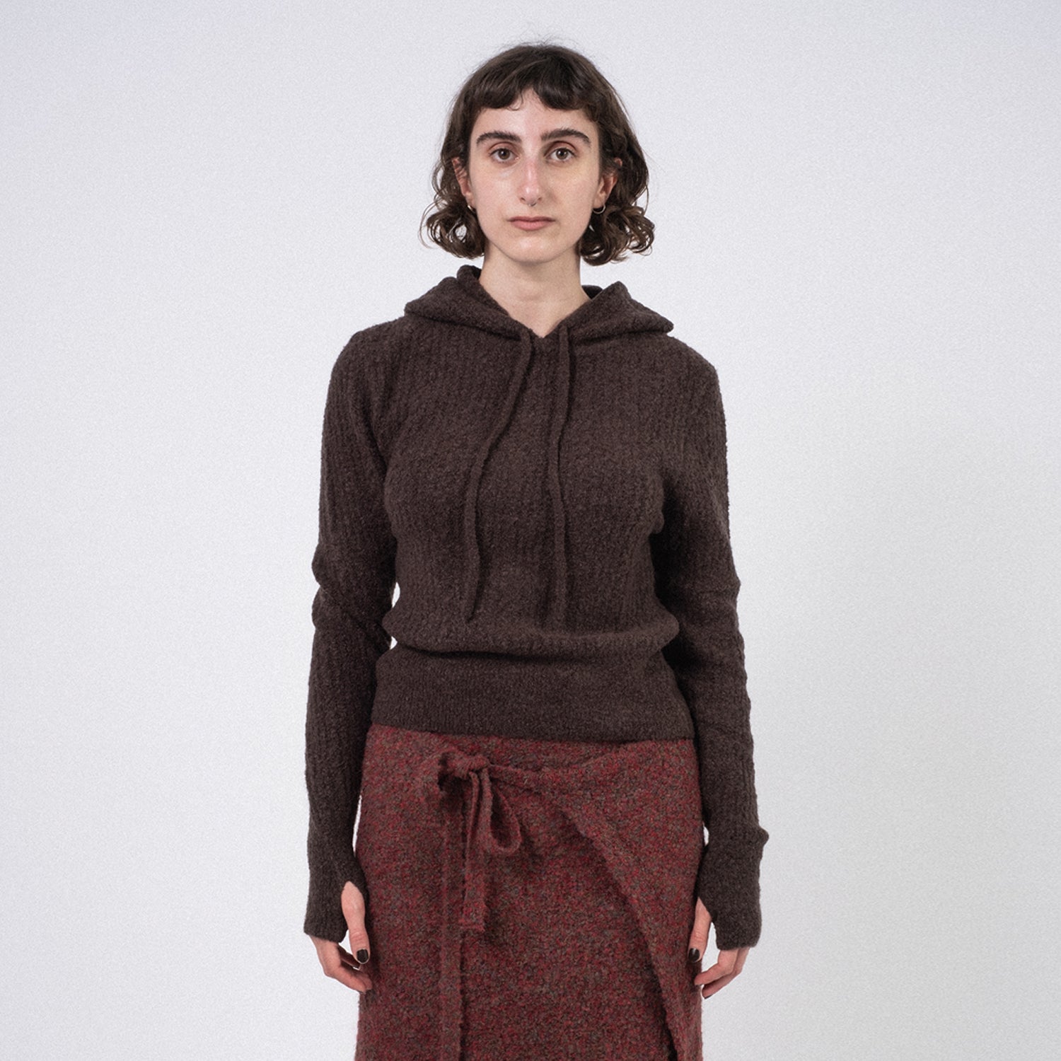 [AMOMENTO] BOUCLE HOODED KNIT _ DARK BROWN