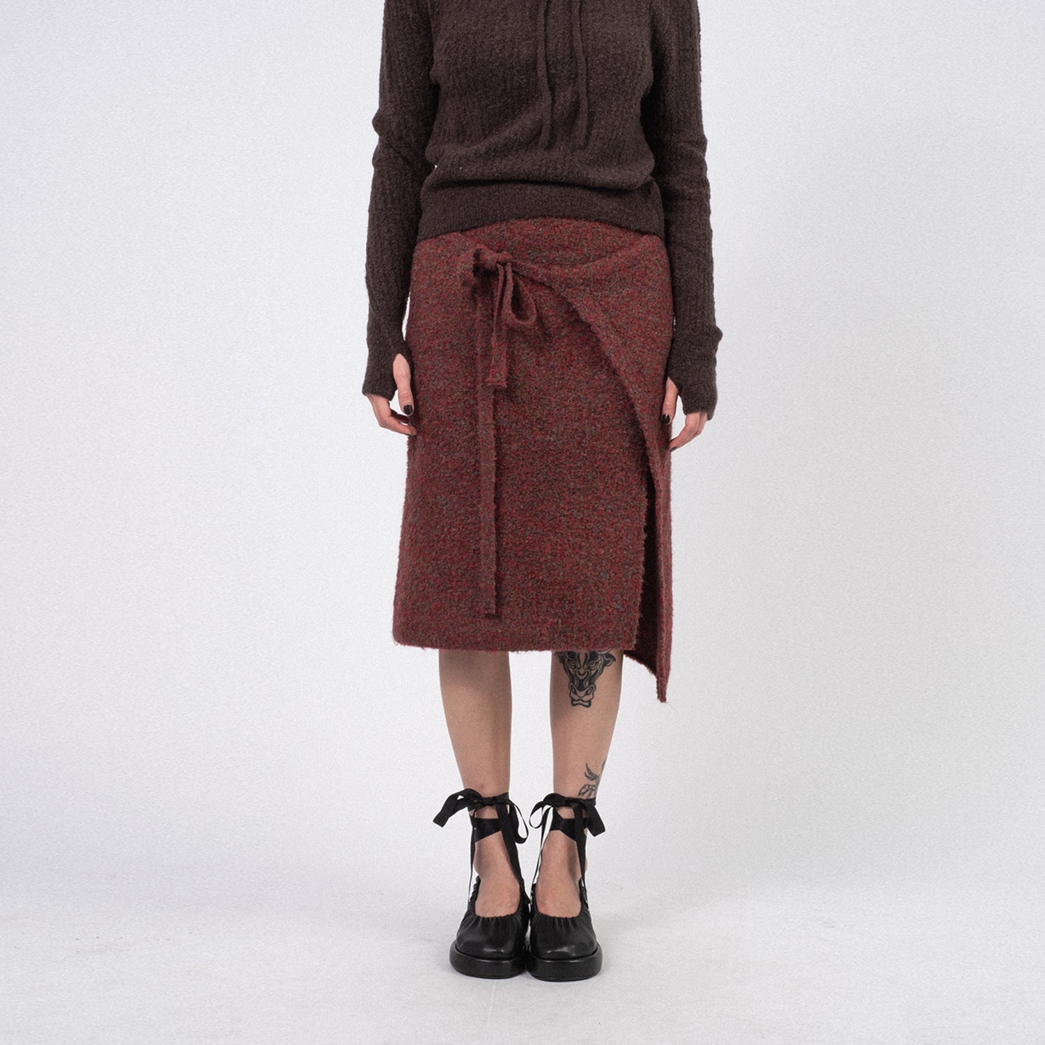 [AMOMENTO] MIX BOUCLE WRAP SKIRT _ RED