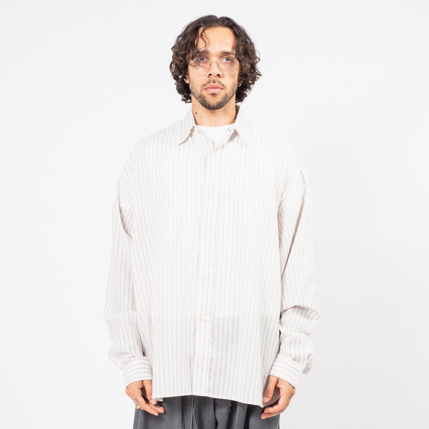 [SILLAGE] WIDE SHIRT DEAD STOCK _ WHITE GREY STRIPE