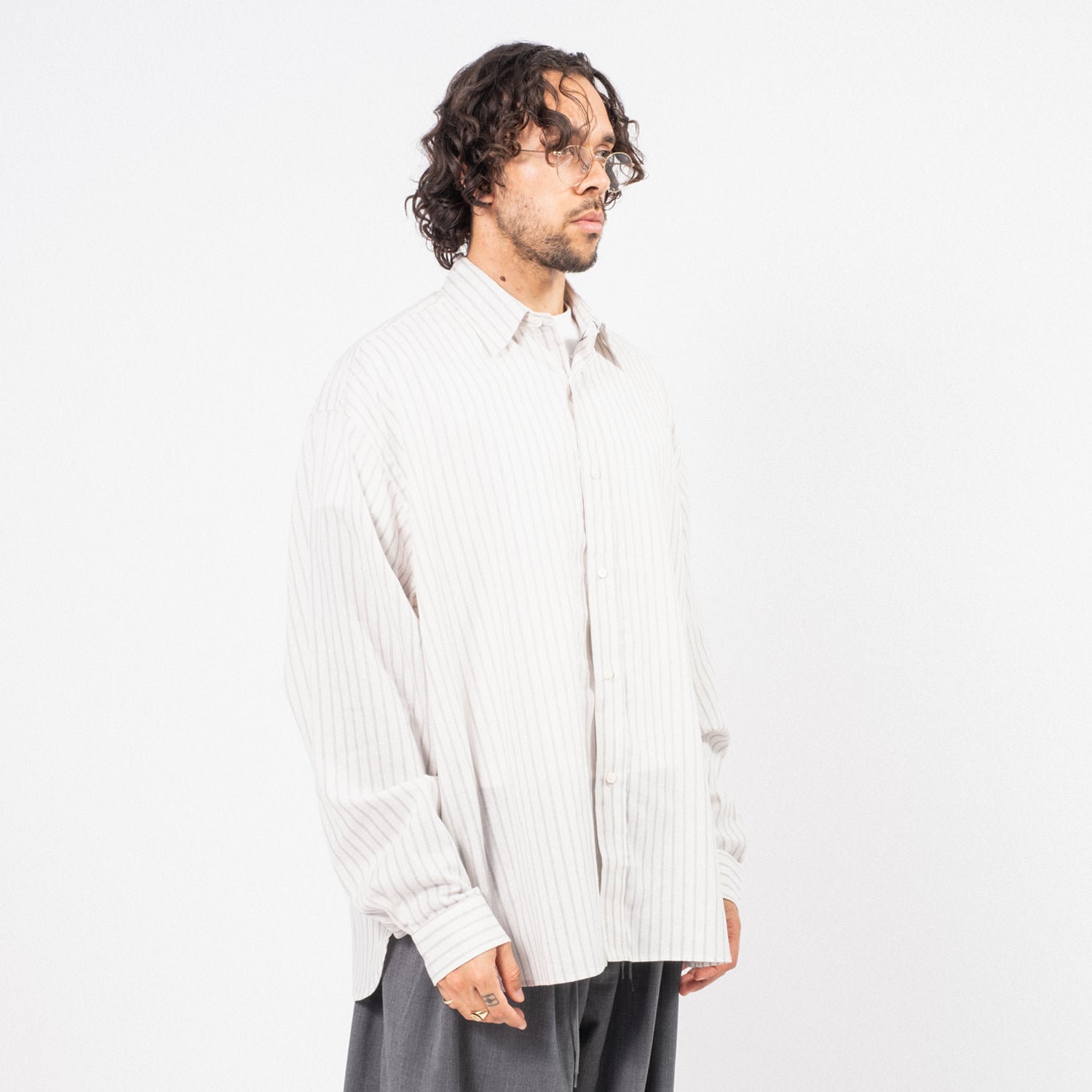 [SILLAGE] WIDE SHIRT DEAD STOCK _ WHITE GREY STRIPE