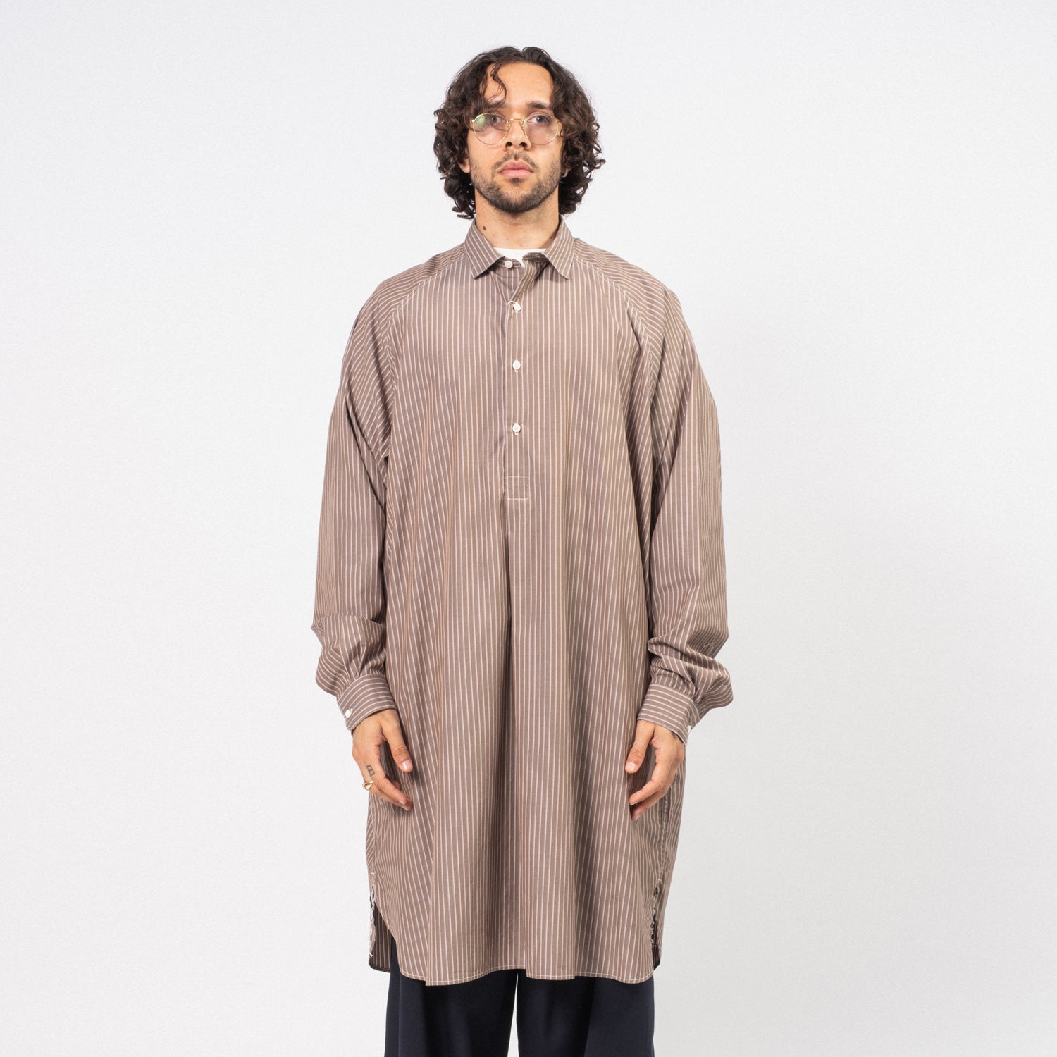 [SILLAGE] POPOVER SHIRT DEAD STOCK _ BROWN STRIPE LONG