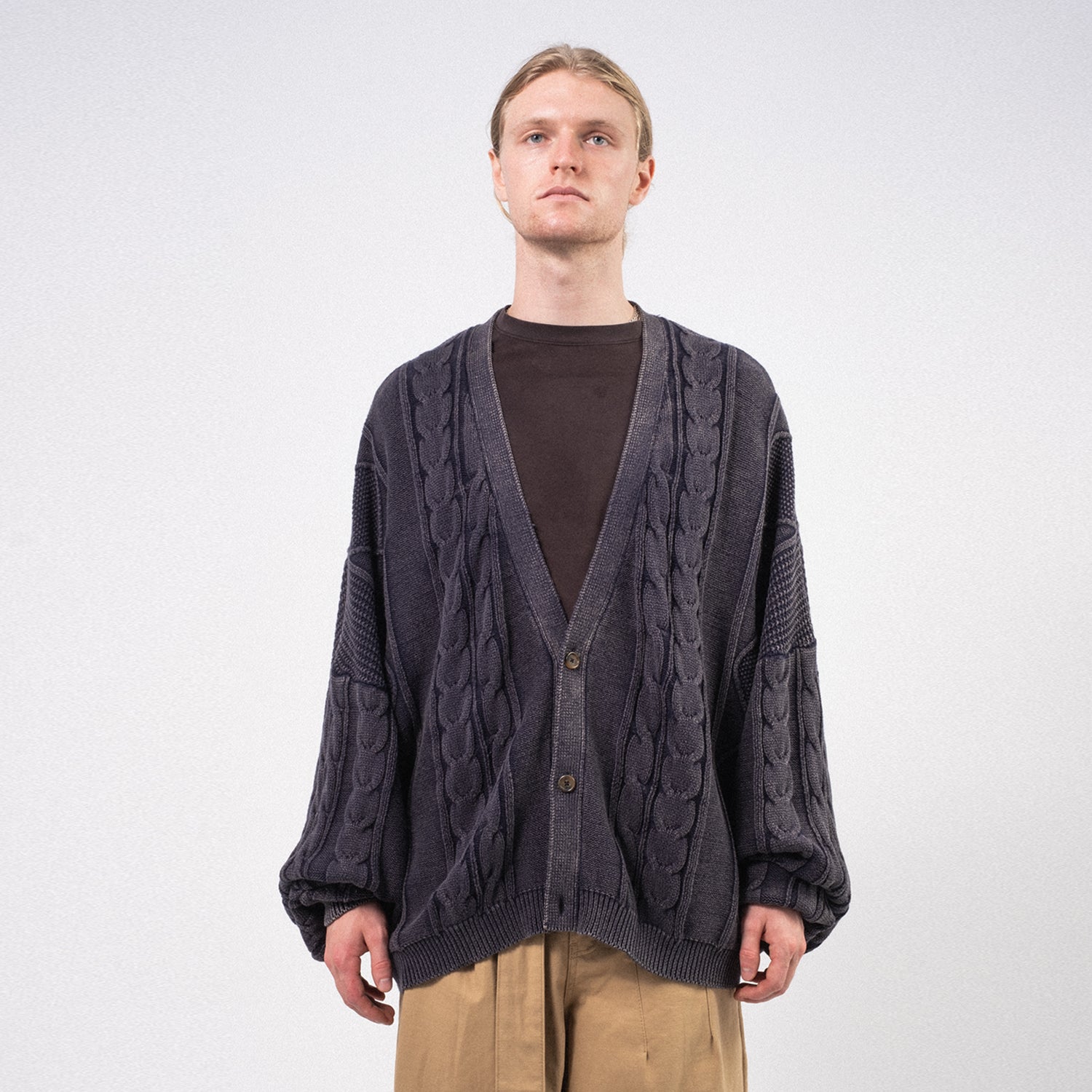 [AJOBYAJO] CABLE WASHED CARDIGAN _ NAVY