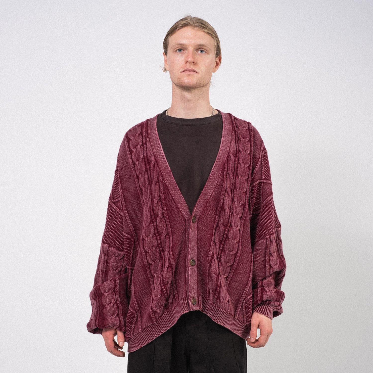 [AJOBYAJO] CABLE WASHED CARDIGAN _ BURGUNDY