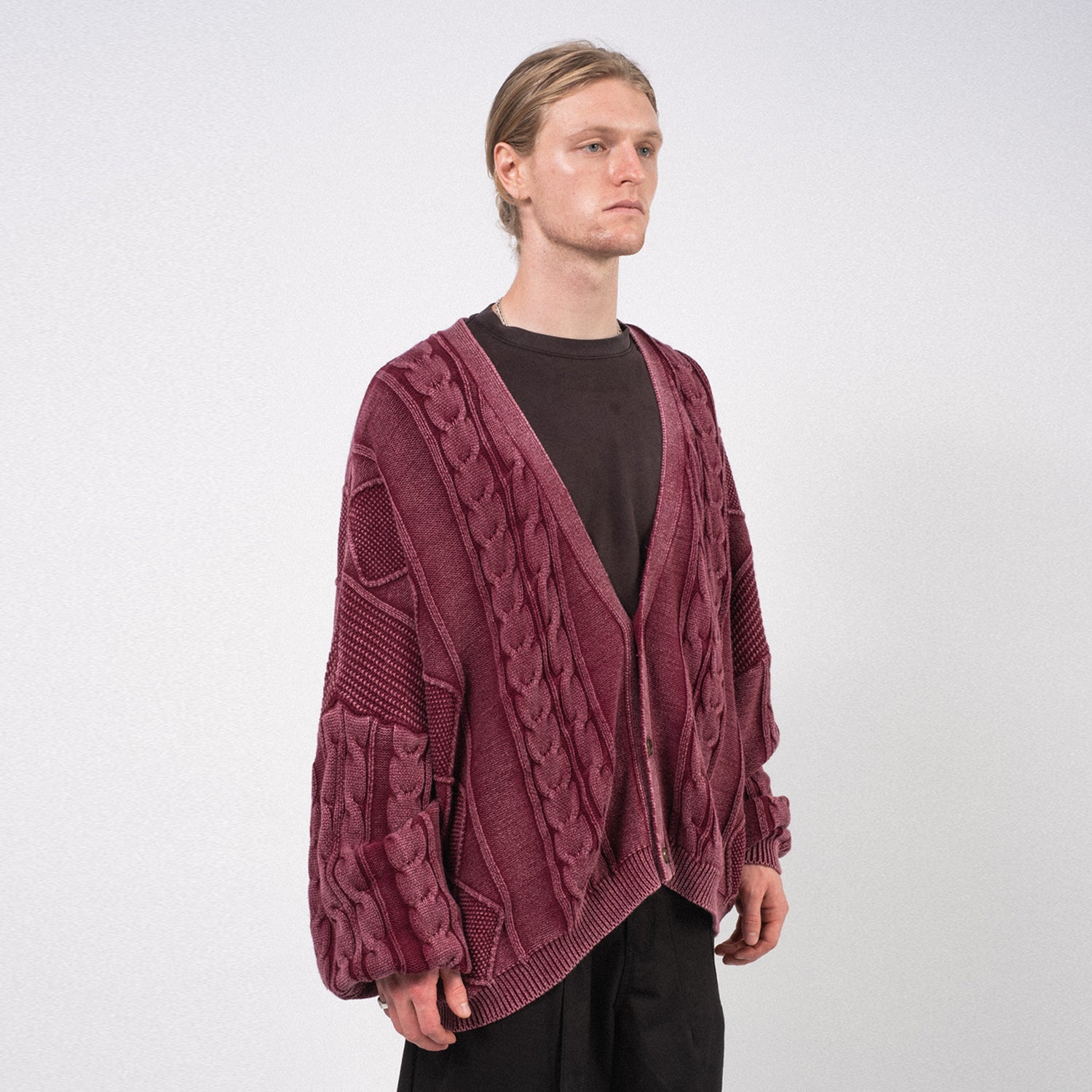 [AJOBYAJO] CABLE WASHED CARDIGAN _ BURGUNDY