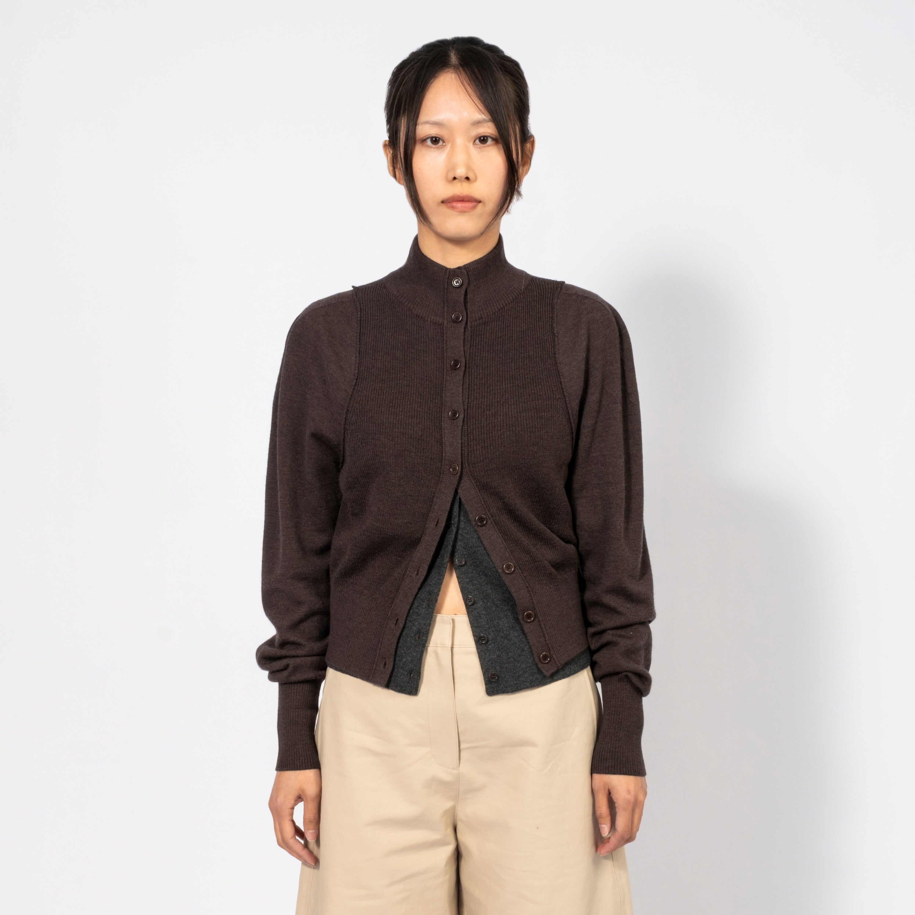 [AMOMENTO WOMEN] BLOCKING BUTTON UP CARDIGAN _ DARK BROWN