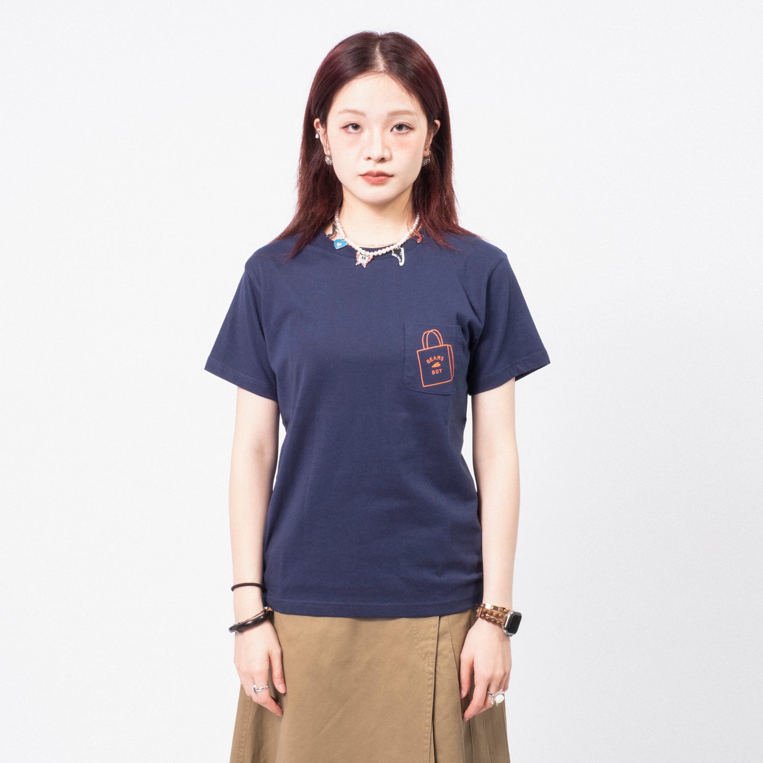 [BEAMS BOY] O.SHOP BAG LOGO POCKET TSHIRT _ NAVY