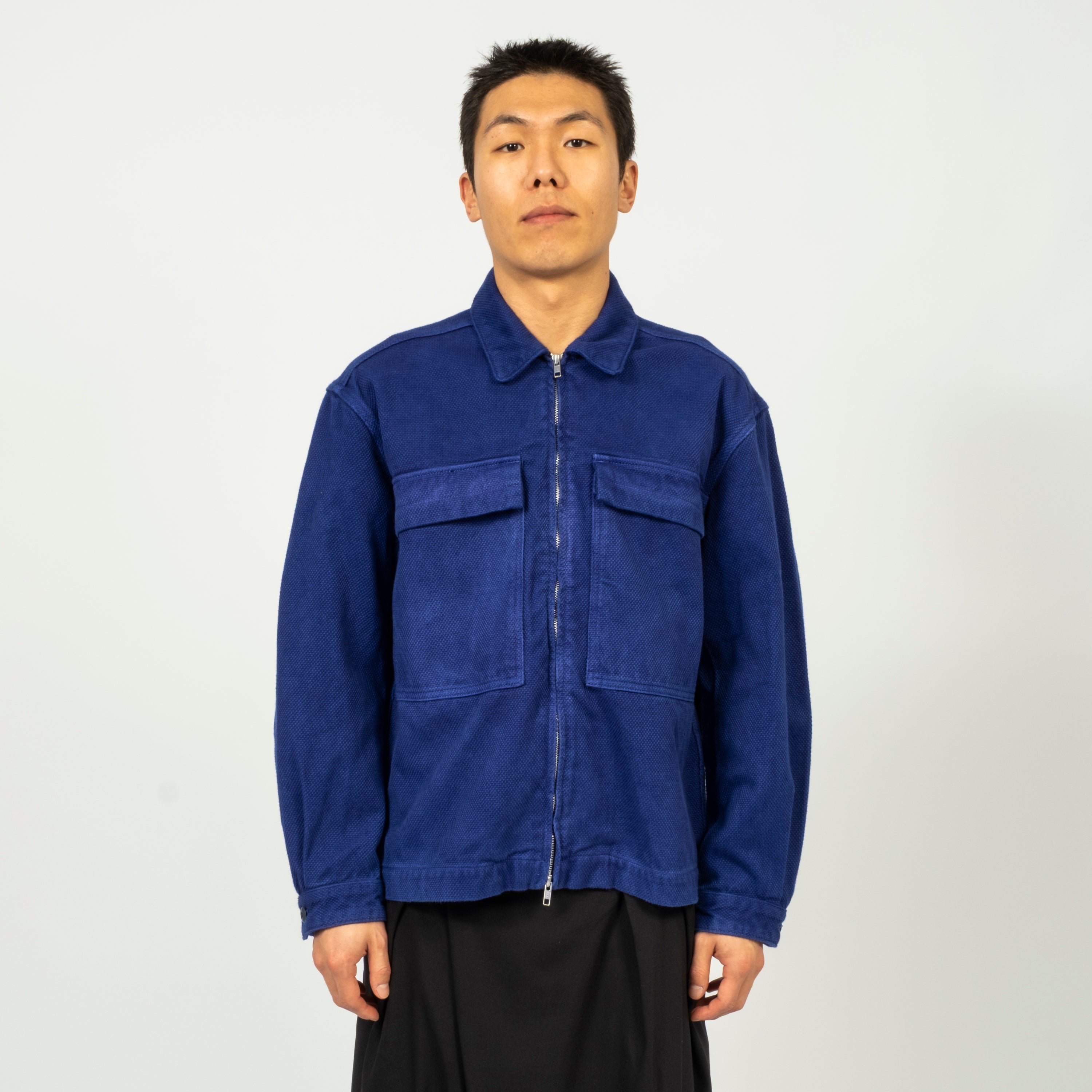 [BLUE BLUE JAPAN] WOVEN BLUE INDIGO SASHIKO HAND DYED ZIP UP JACKET _ INDIGO