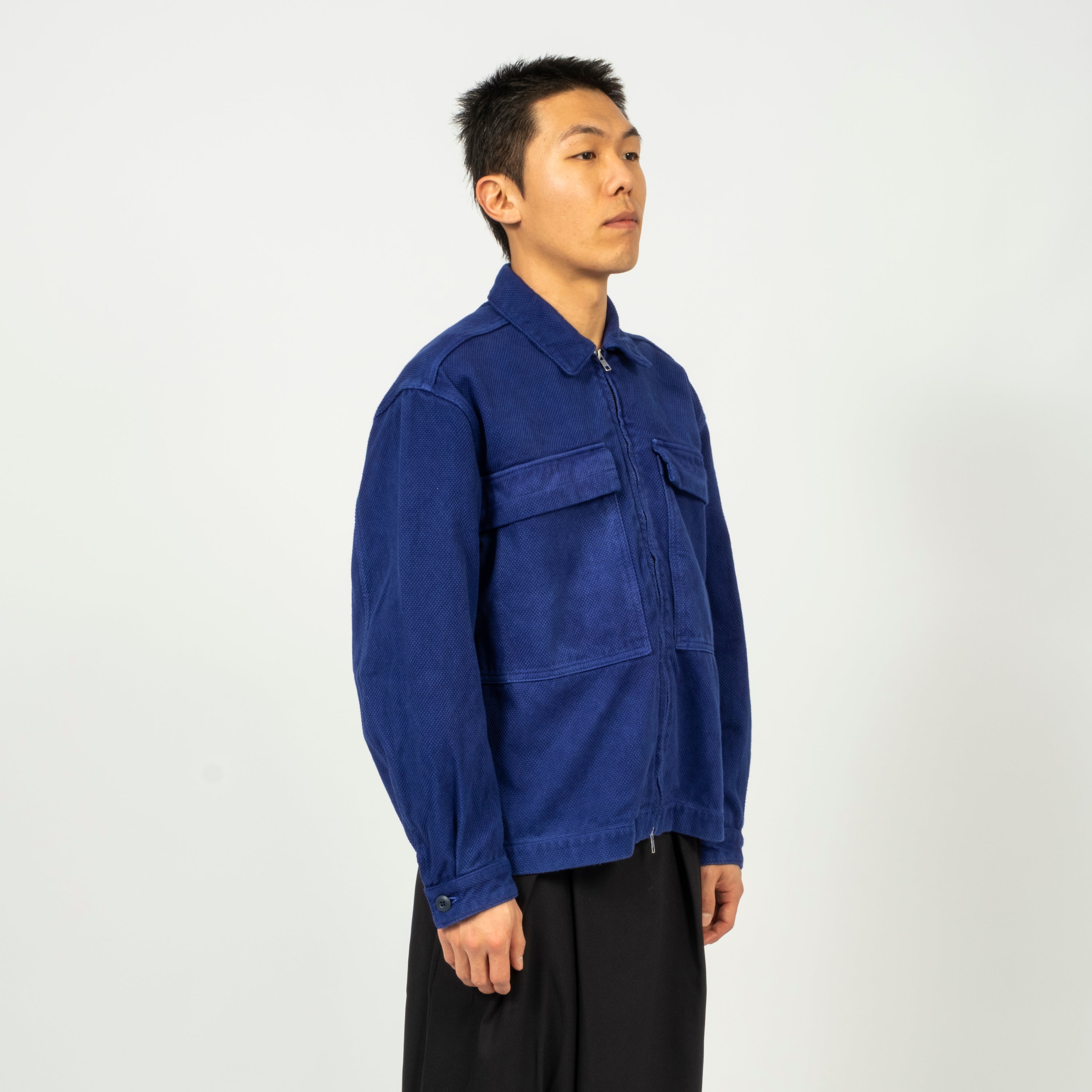 [BLUE BLUE JAPAN] WOVEN BLUE INDIGO SASHIKO HAND DYED ZIP UP JACKET _ INDIGO