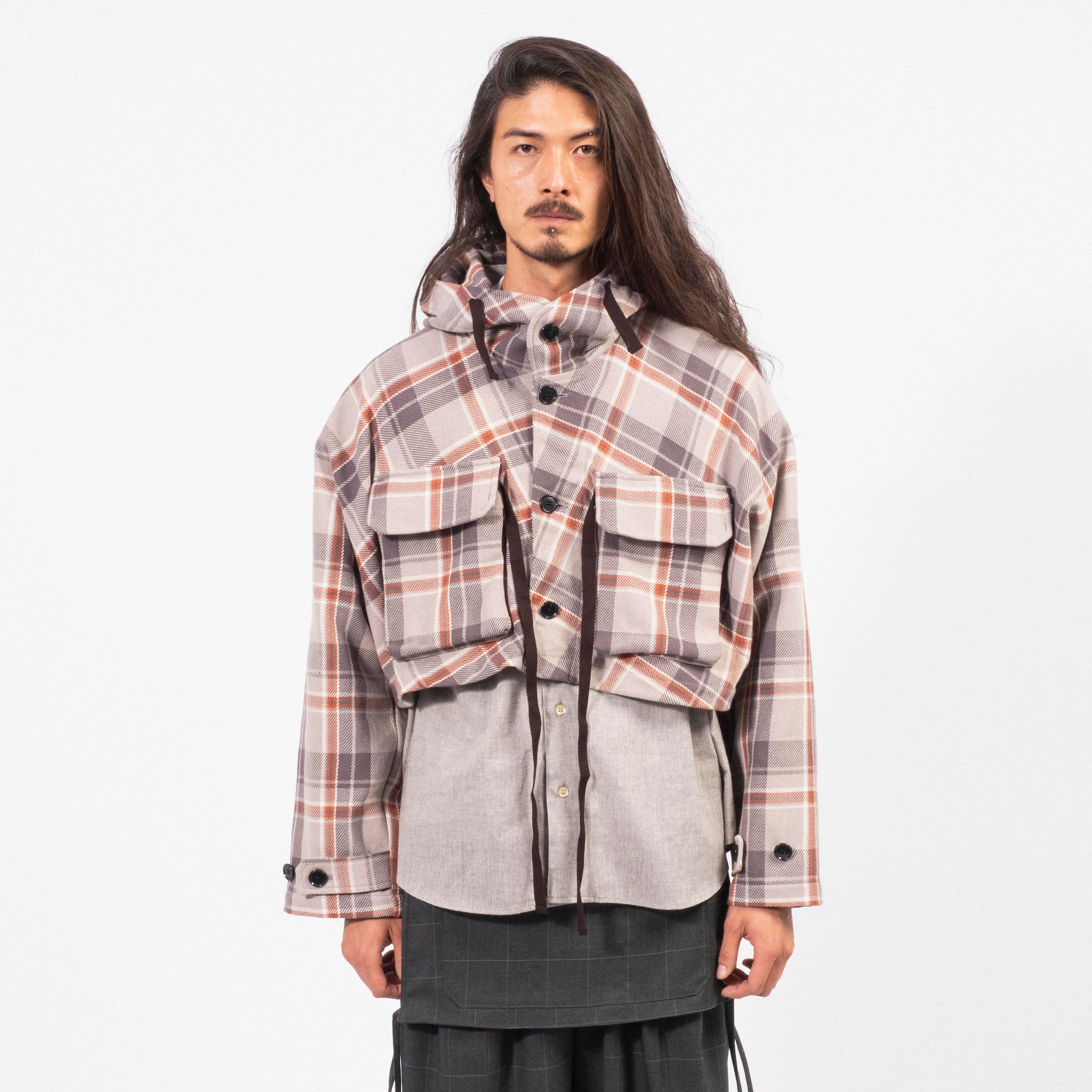 [AÏE] QV761 SHORT CAPE HEAVY TWILL PLAID _ B-GREY