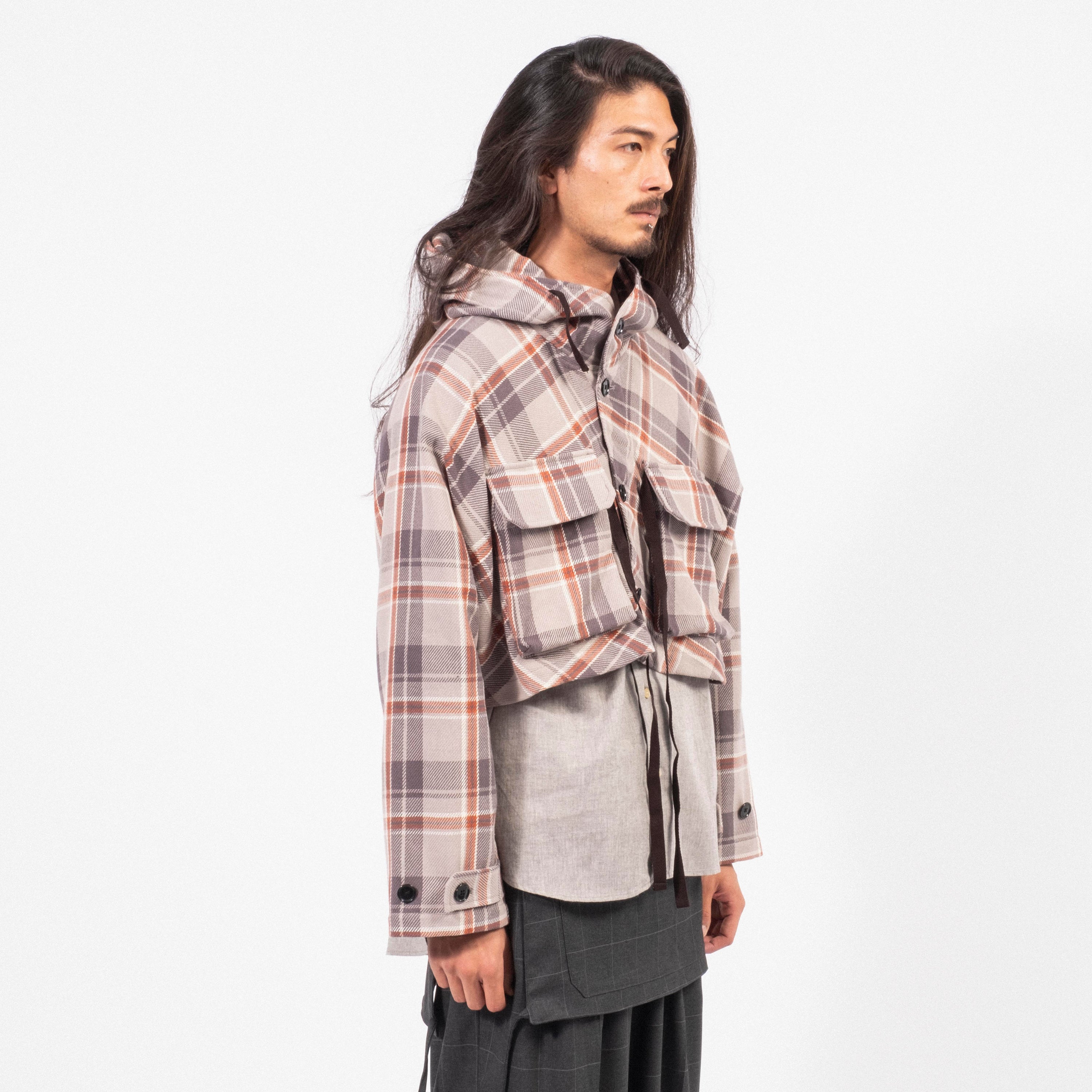 [AÏE] QV761 SHORT CAPE HEAVY TWILL PLAID _ B-GREY