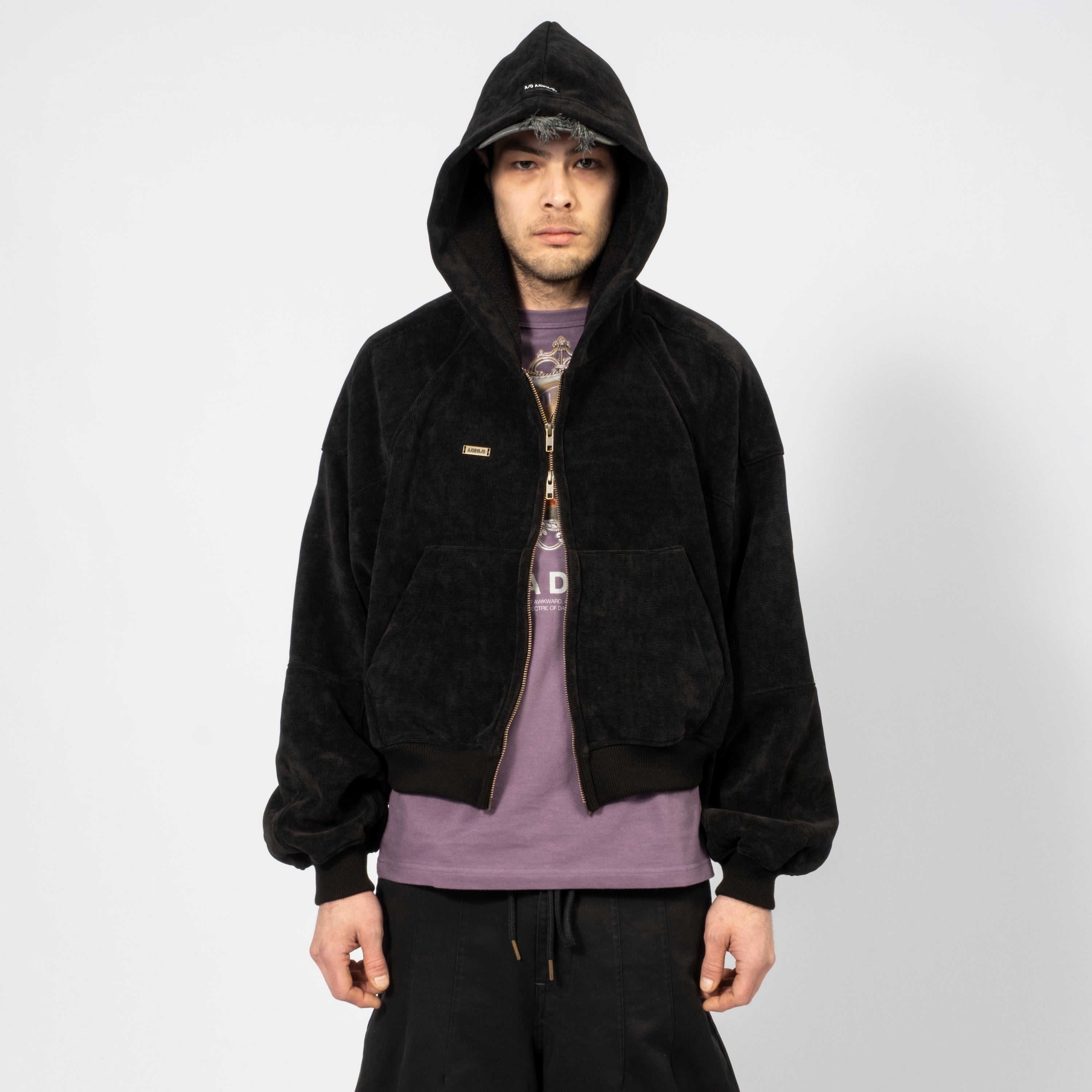 [AJOBYAJO] CORDUROY SHORT ZIP-UP HOODIE _ BLACK