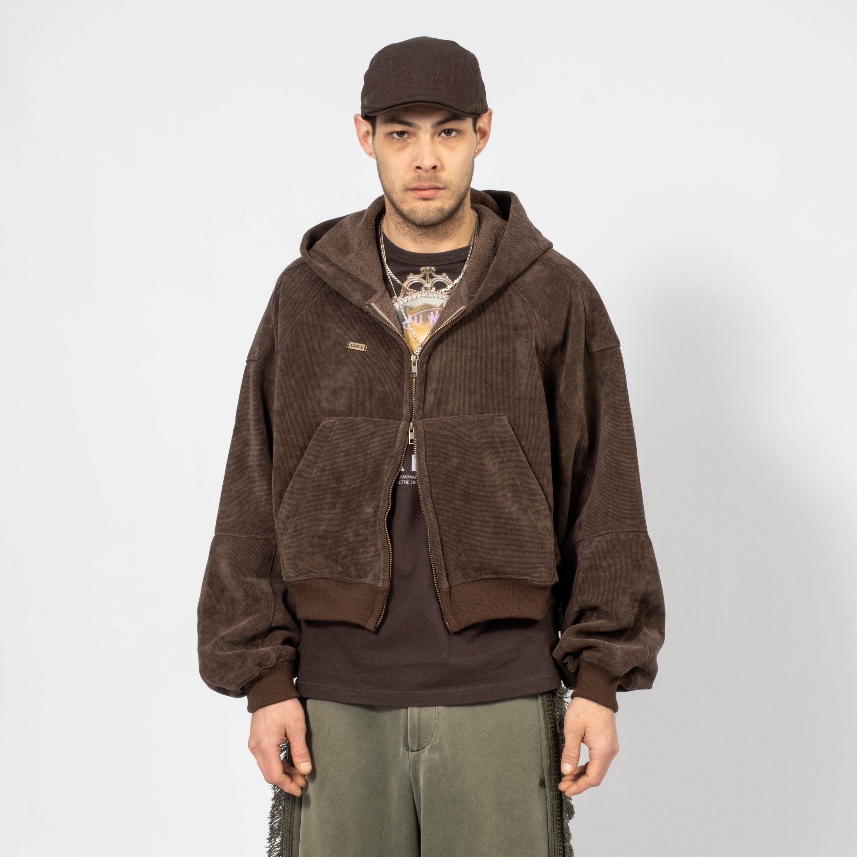[AJOBYAJO] CORDUROY SHORT ZIP-UP HOODIE _ BROWN