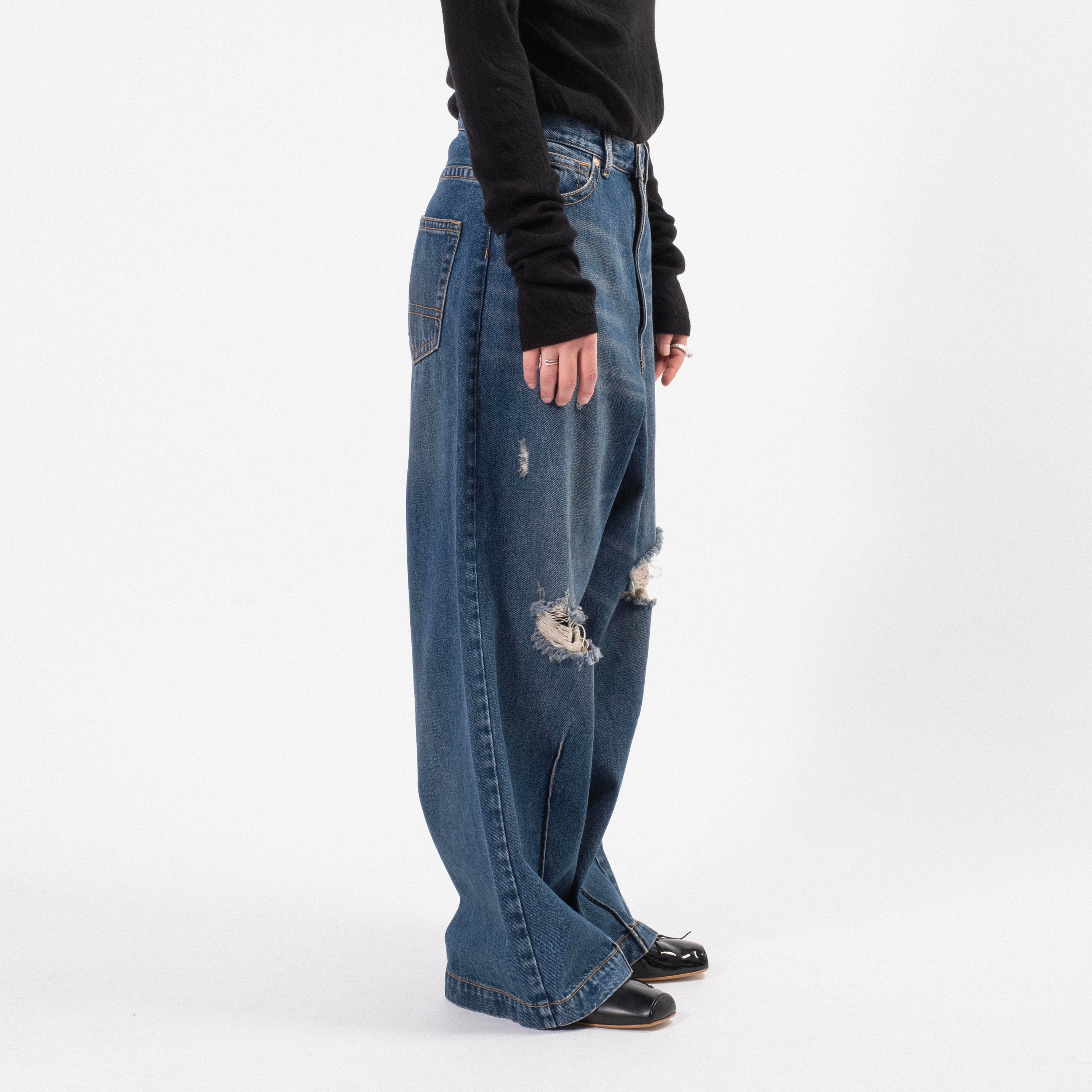 [RHODOLIRION] QT1043 90’LOOSE STRAIGHT PANTS DAMAGED DENIM _ INDIGO