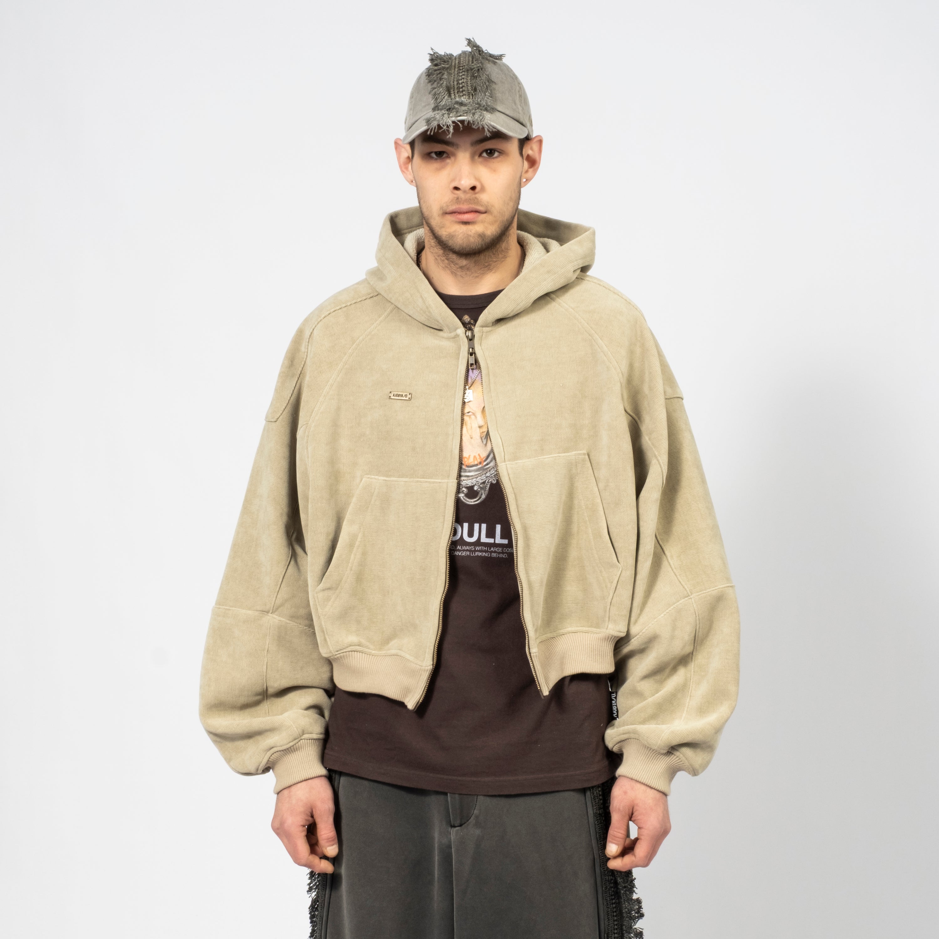 [AJOBYAJO] CORDUROY SHORT ZIP-UP HOODIE _ ASH KHAKI