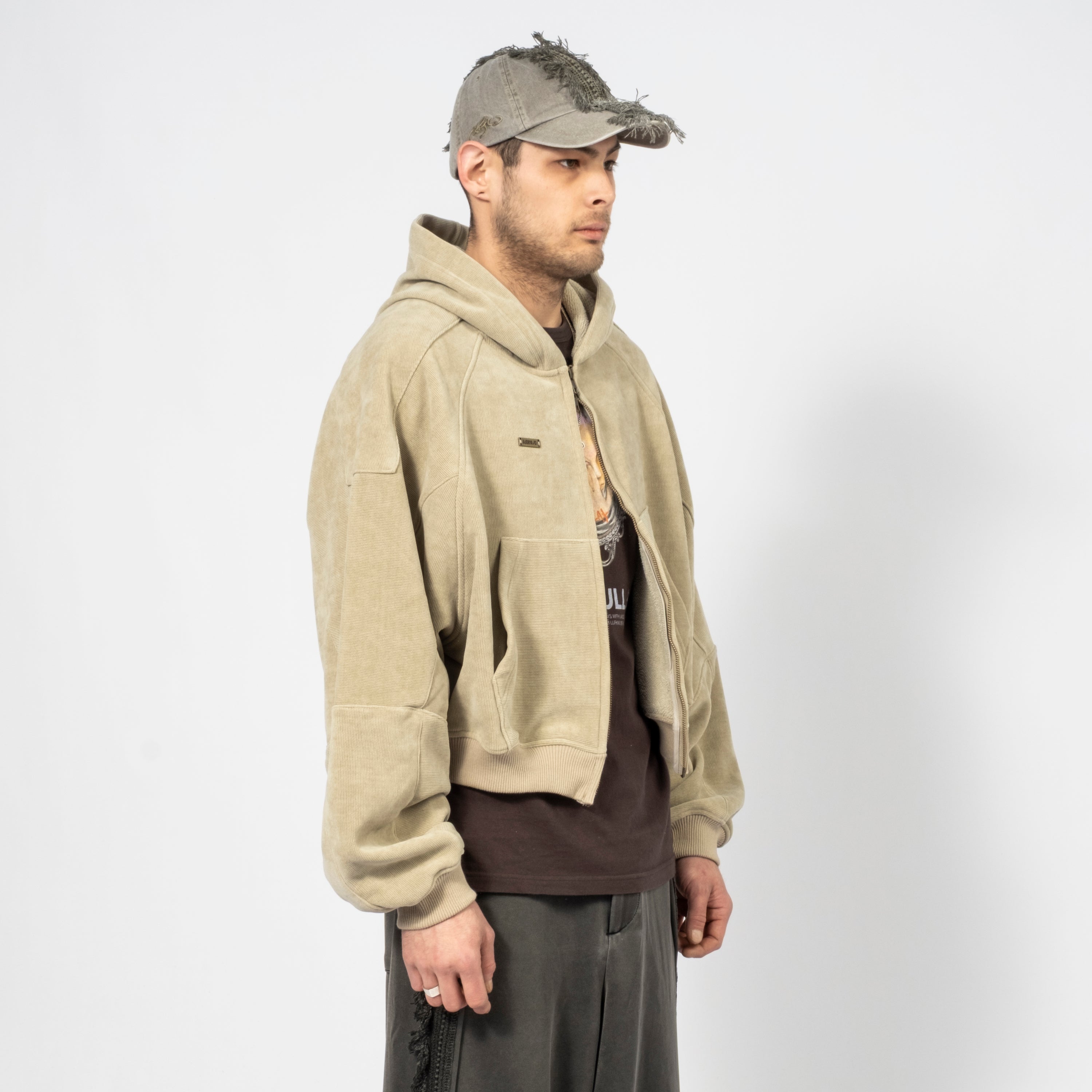 [AJOBYAJO] CORDUROY SHORT ZIP-UP HOODIE _ ASH KHAKI