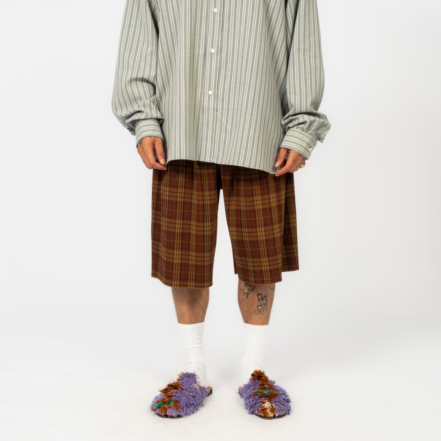 [SILLAGE] CIRCULAR PLEATS SHORT PANTS DEADSTOCK _ WATAHIKO TEX BROWN PLAID