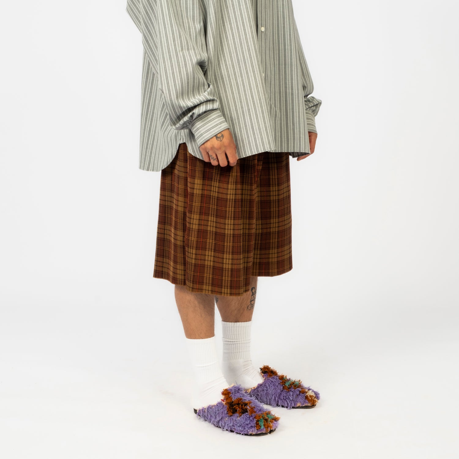 [SILLAGE] CIRCULAR PLEATS SHORT PANTS DEADSTOCK _ WATAHIKO TEX BROWN PLAID