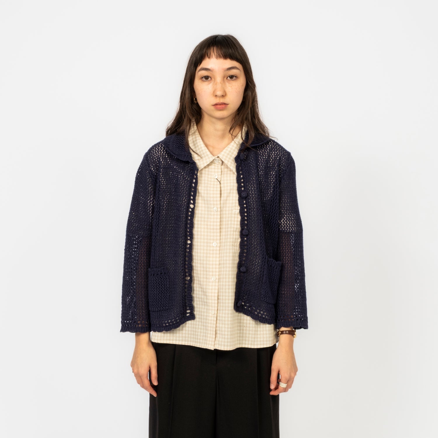 [DUNST] COLLARED CROCHET KNIT CARDIGAN _ NAVY
