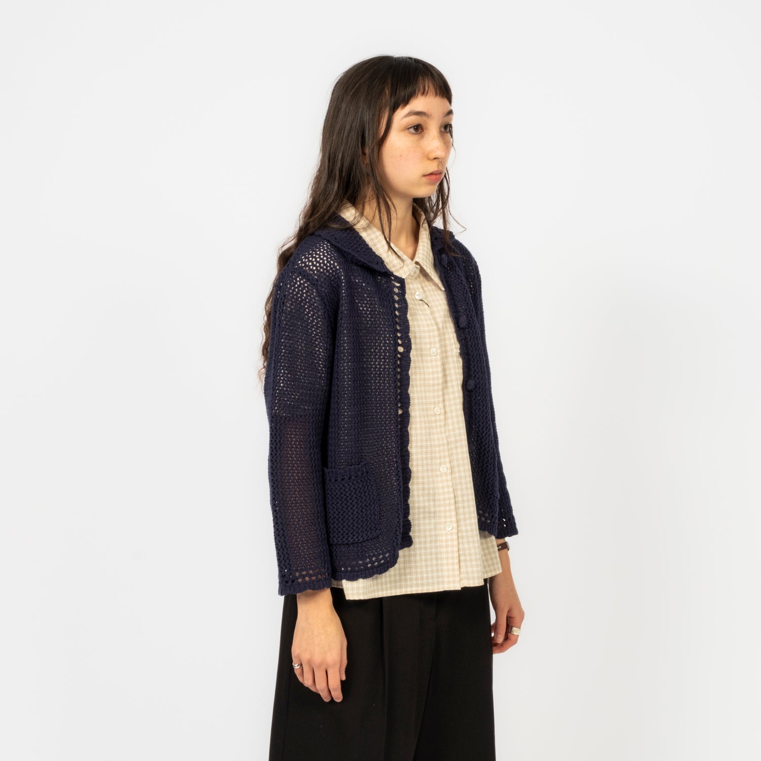 [DUNST] COLLARED CROCHET KNIT CARDIGAN _ NAVY