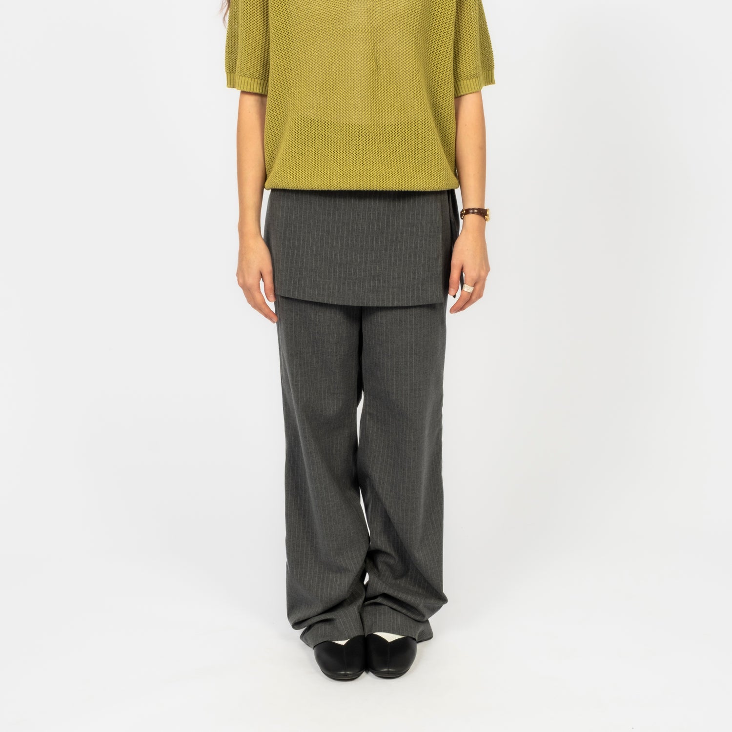 [DUNST] SKIRT LAYERED SLIM PANTS _ CHARCOAL GREY STRIPE