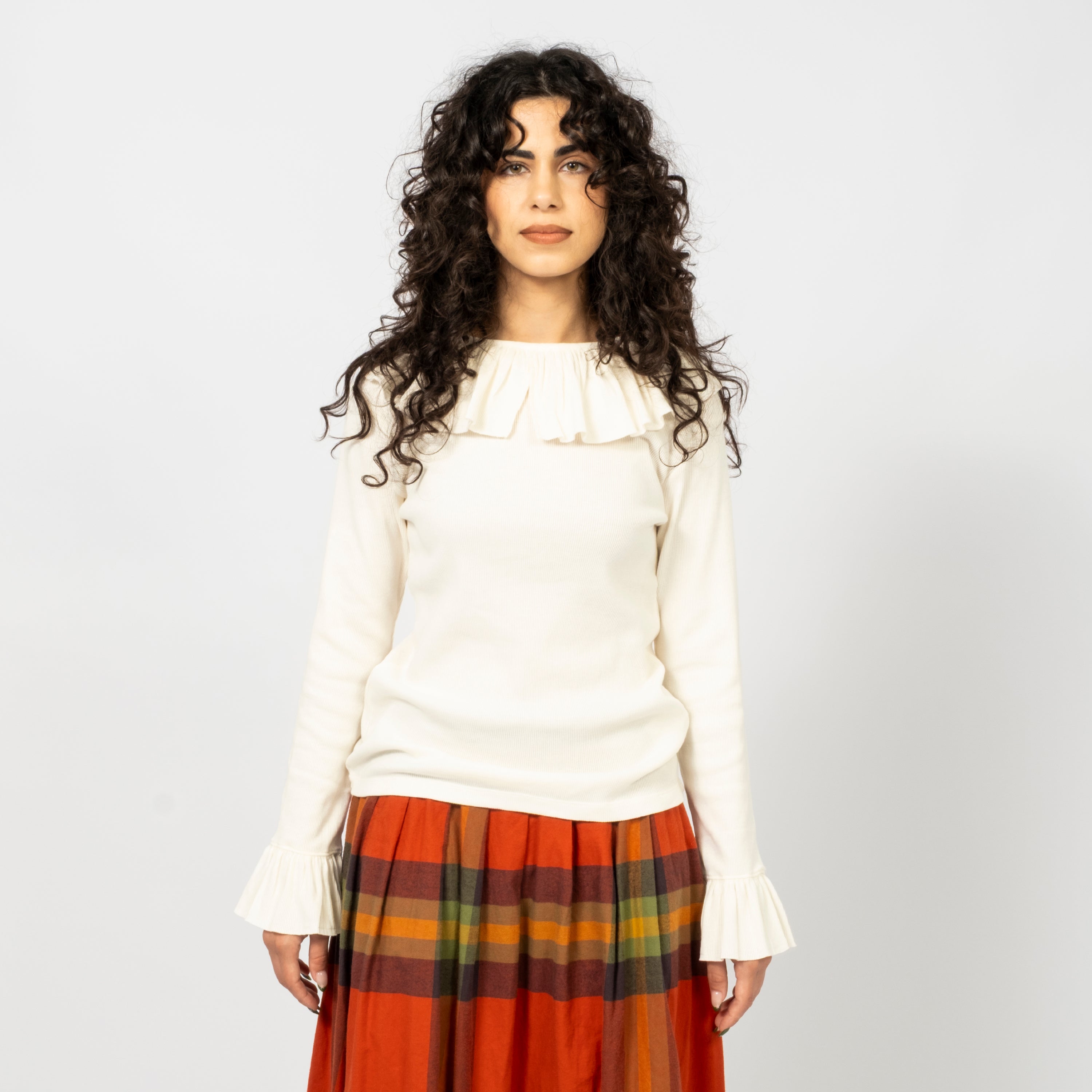 [BEAMS BOY] O.RIB KNITTED RUFFLE GATHERED LONGSLEEVE TSHIRT _ IVORY