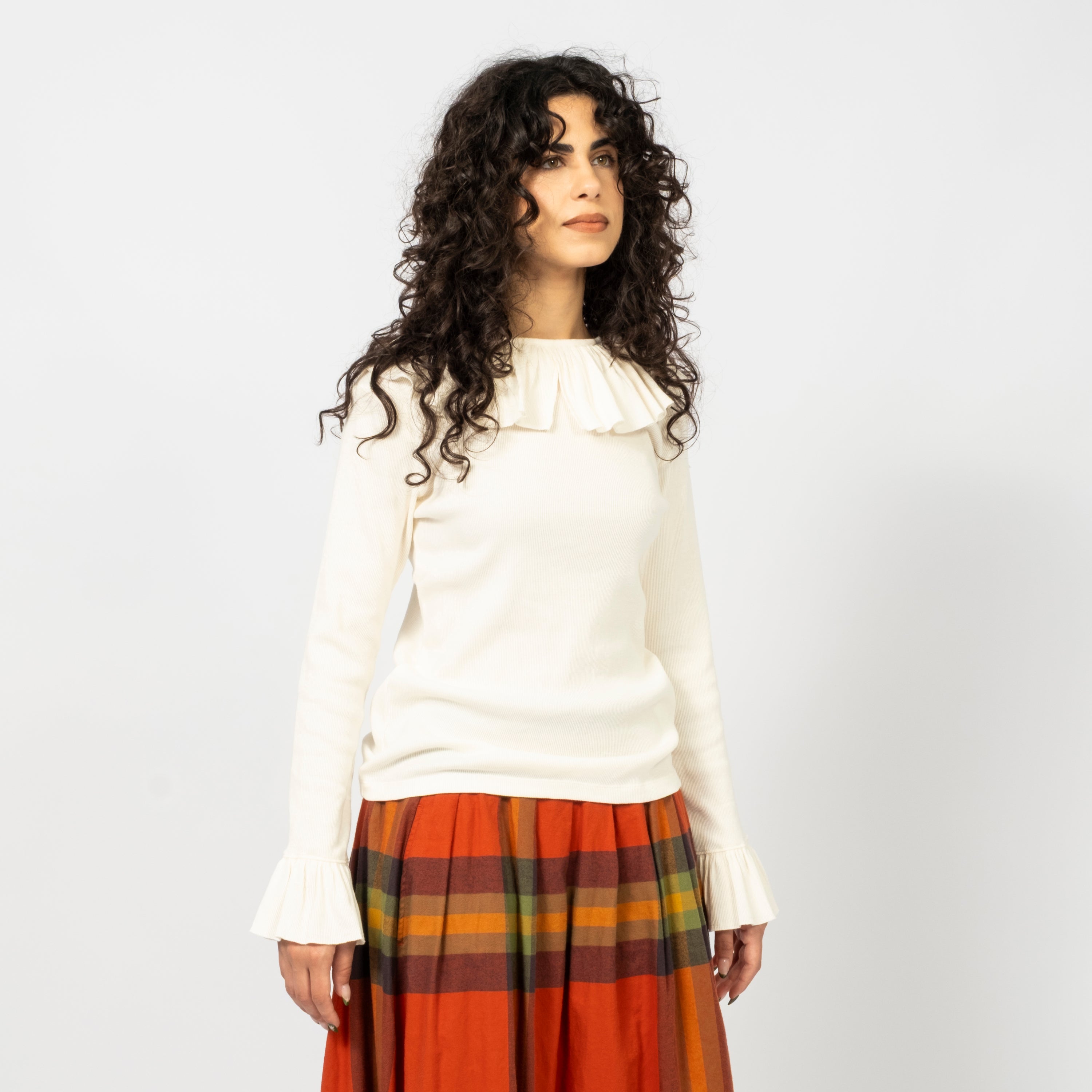 [BEAMS BOY] O.RIB KNITTED RUFFLE GATHERED LONGSLEEVE TSHIRT _ IVORY