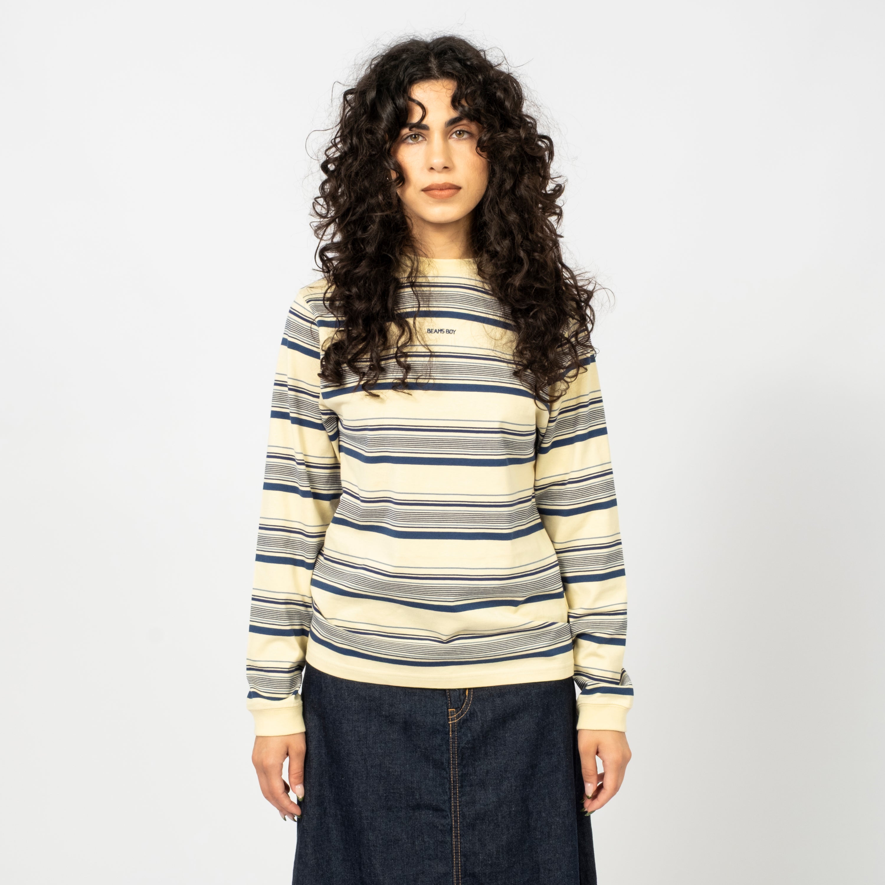 [BEAMS BOY] O.EMBROIDERY STIRPE LONGSLEEVE TSHIRT _ IVORY