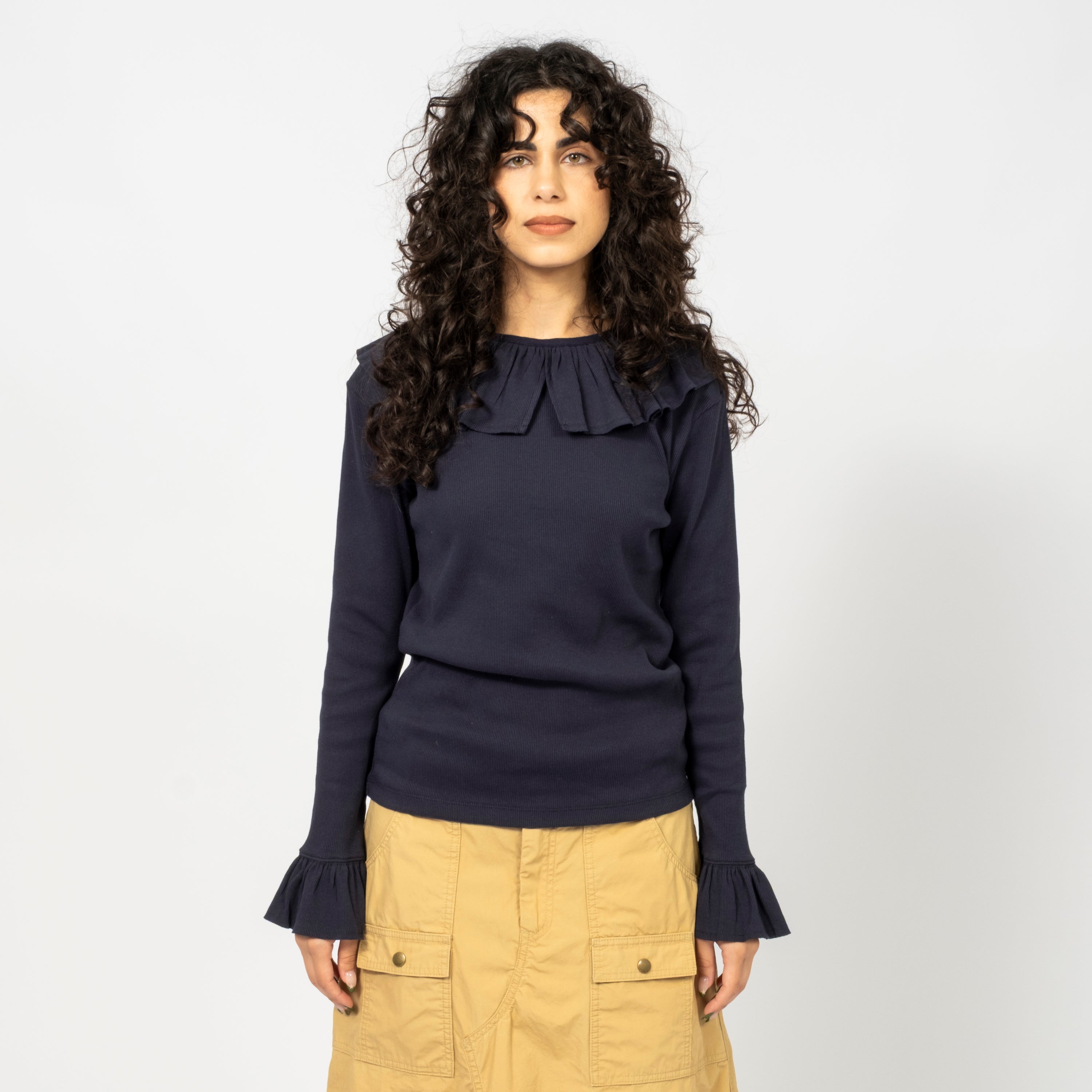 [BEAMS BOY] O.RIB KNITTED RUFFLE GATHERED LONGSLEEVE TSHIRT _ NAVY