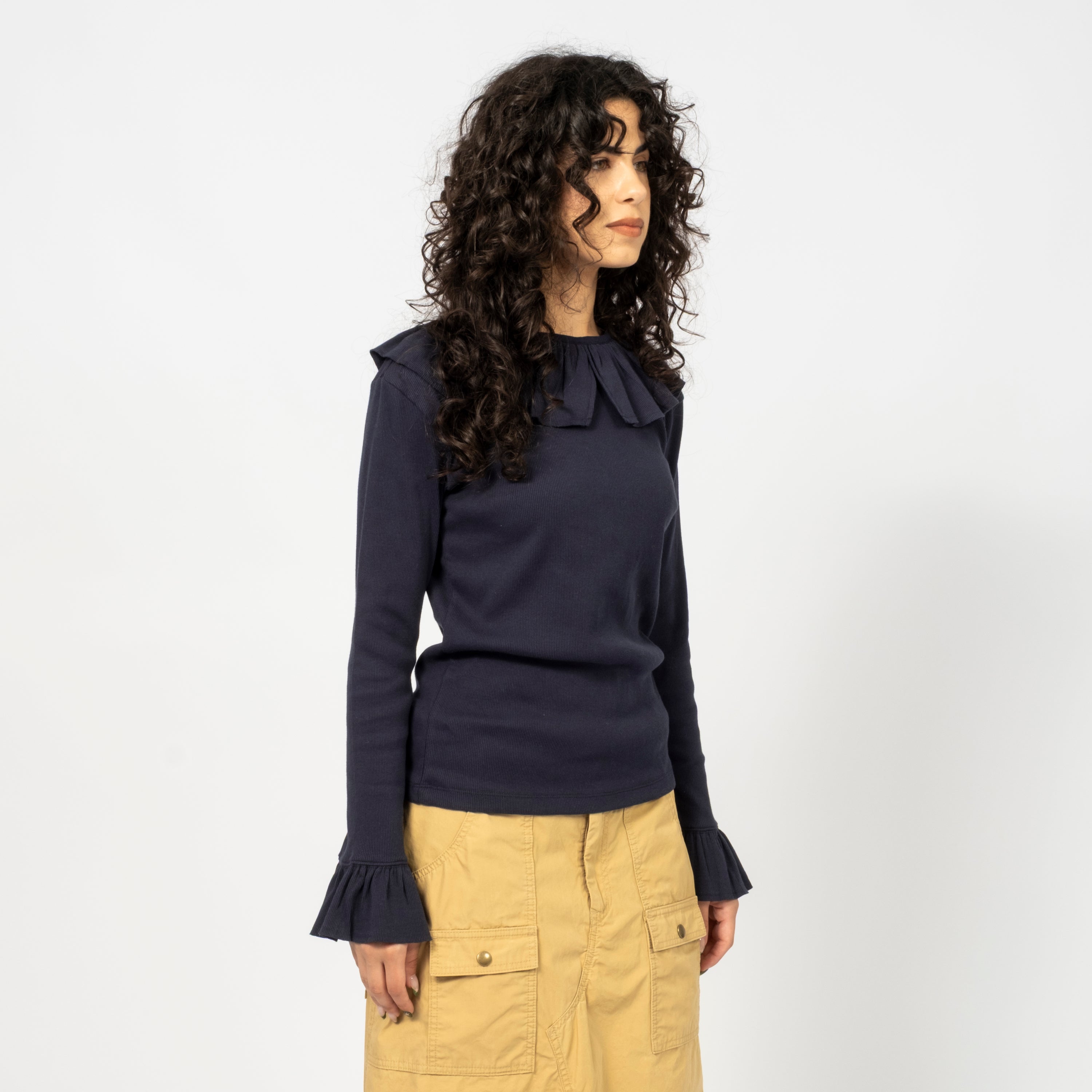 [BEAMS BOY] O.RIB KNITTED RUFFLE GATHERED LONGSLEEVE TSHIRT _ NAVY