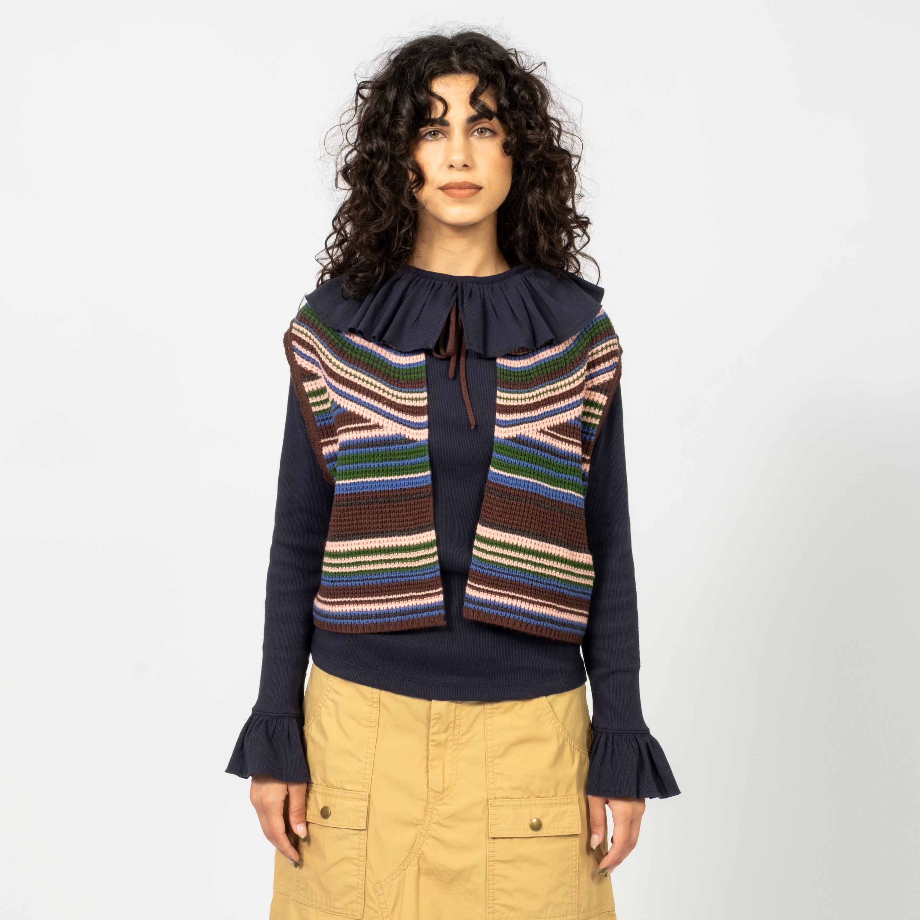 [BEAMS BOY] O.MULTI STRIPED VEST _ BROWN