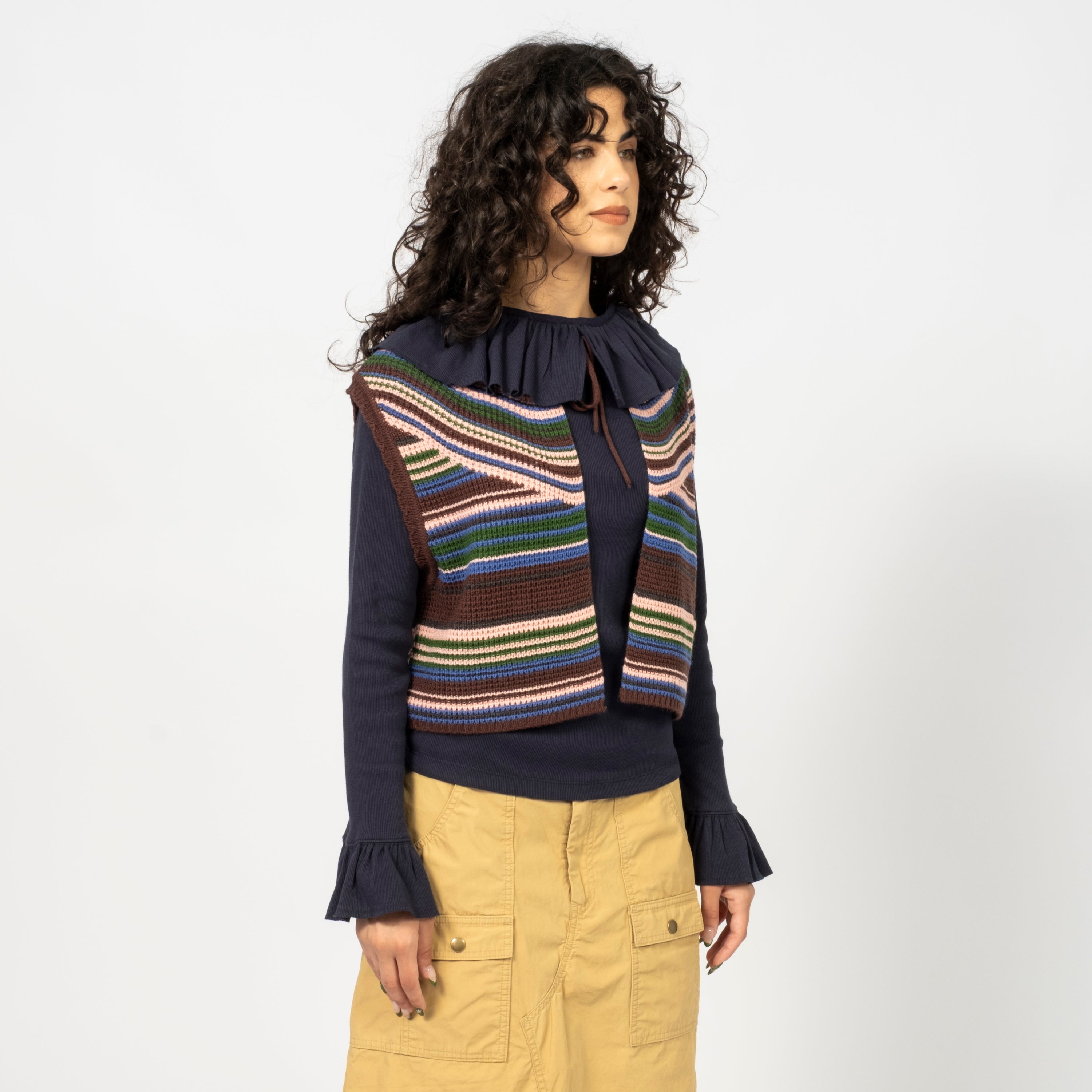 [BEAMS BOY] O.MULTI STRIPED VEST _ BROWN