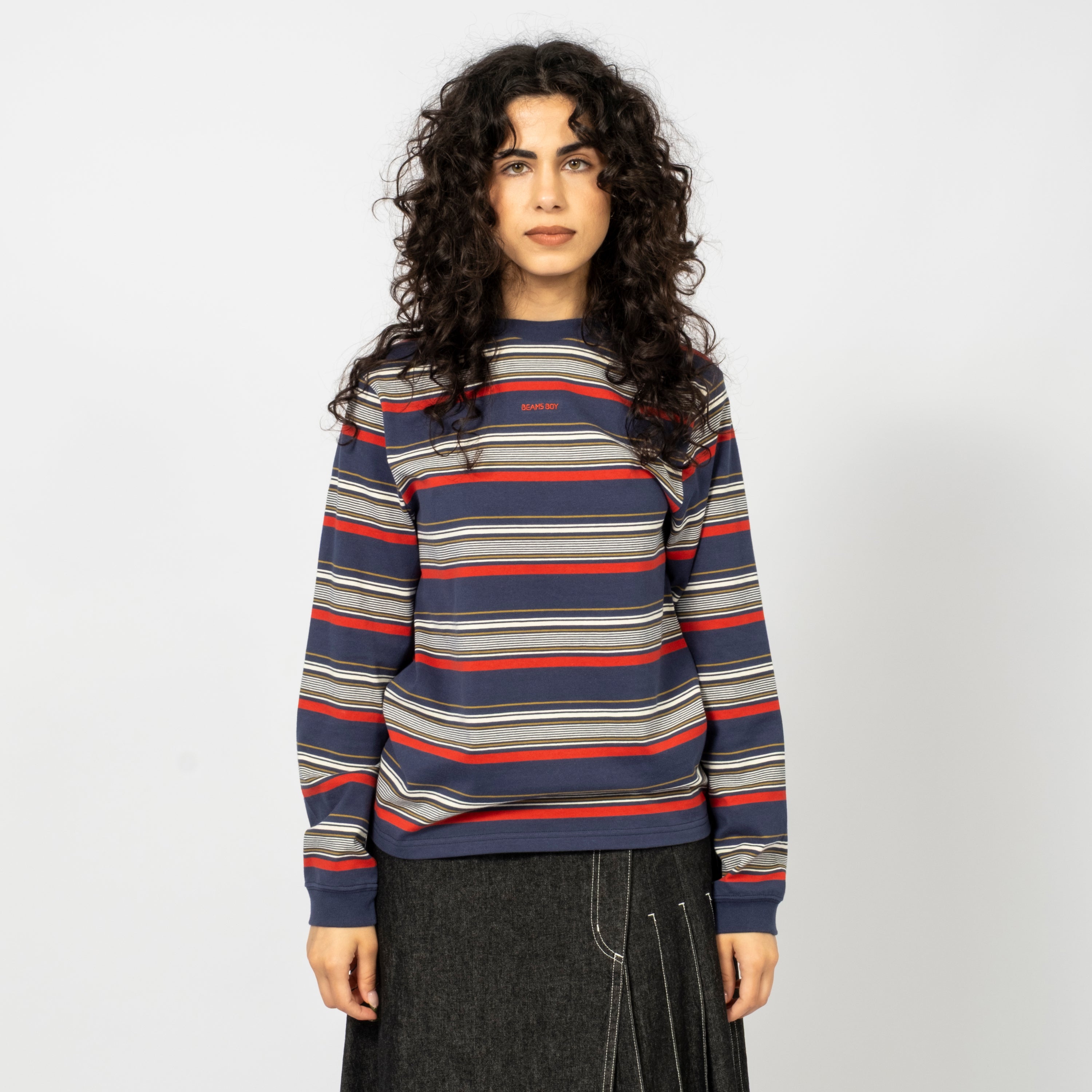 [BEAMS BOY] O.EMBROIDERY STIRPE LONGSLEEVE TSHIRT _ NAVY