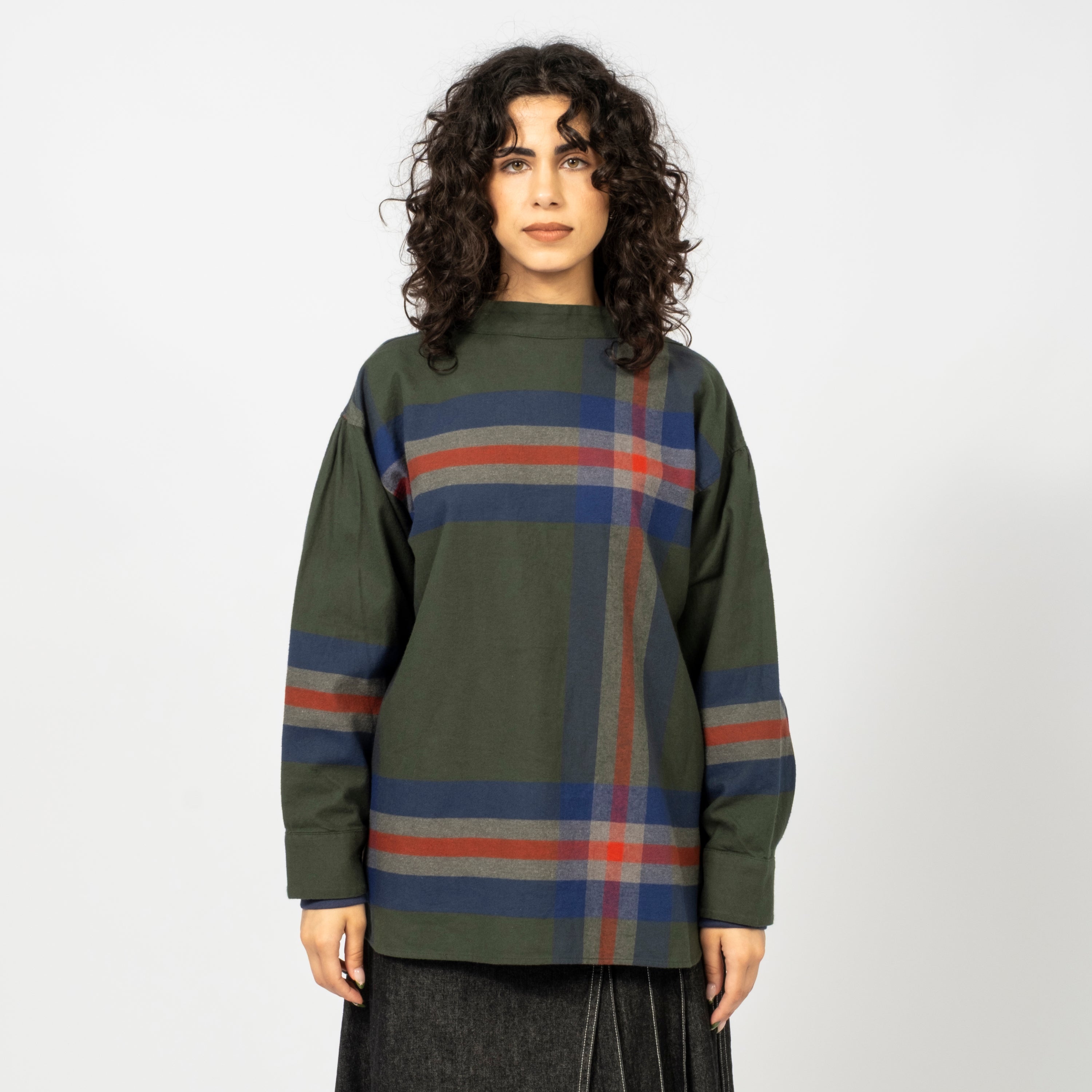 [BEAMS BOY] O.BOY BIG TARTAN HIGH-NECK COLLAR SHIRT _ DARK GREEN