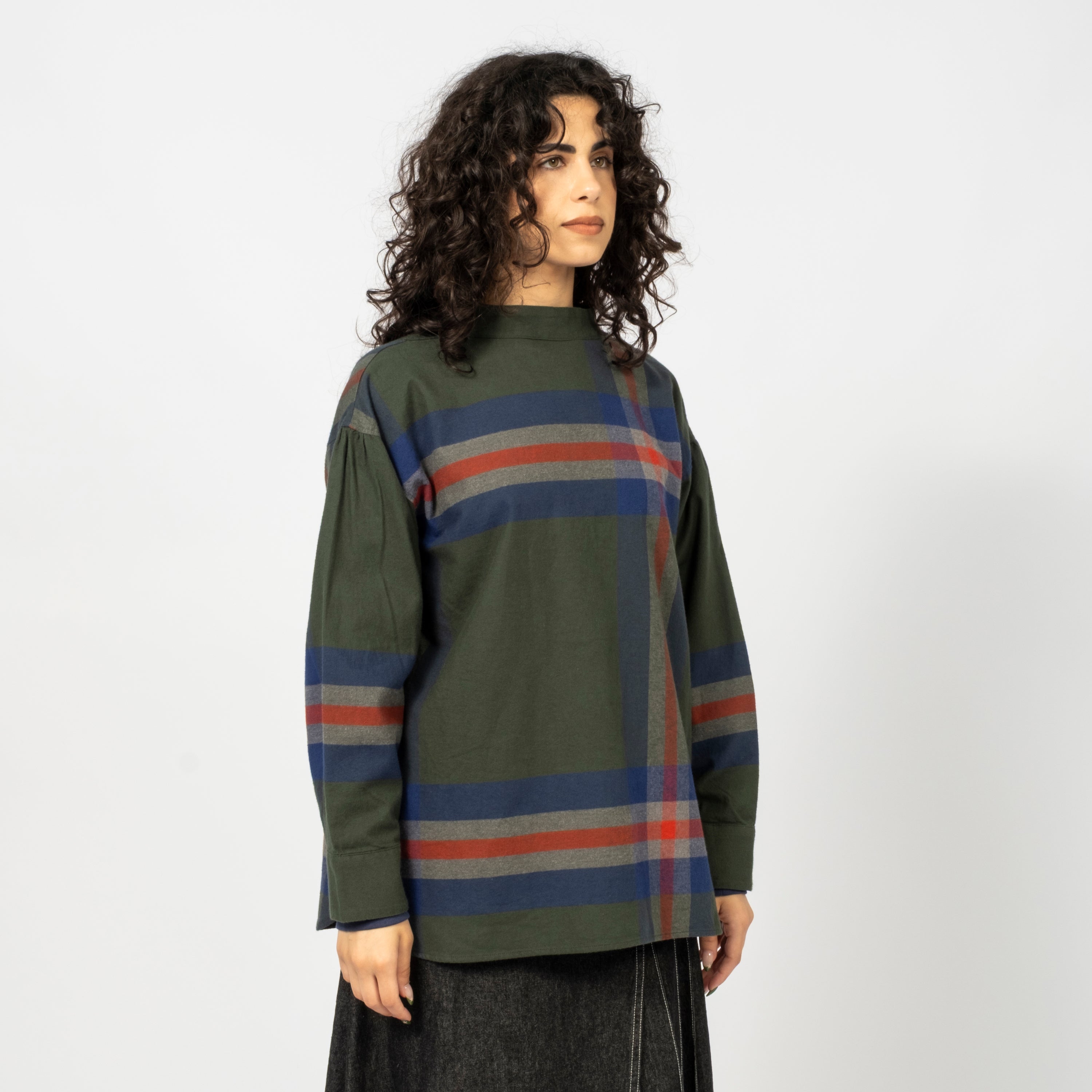 [BEAMS BOY] O.BOY BIG TARTAN HIGH-NECK COLLAR SHIRT _ DARK GREEN