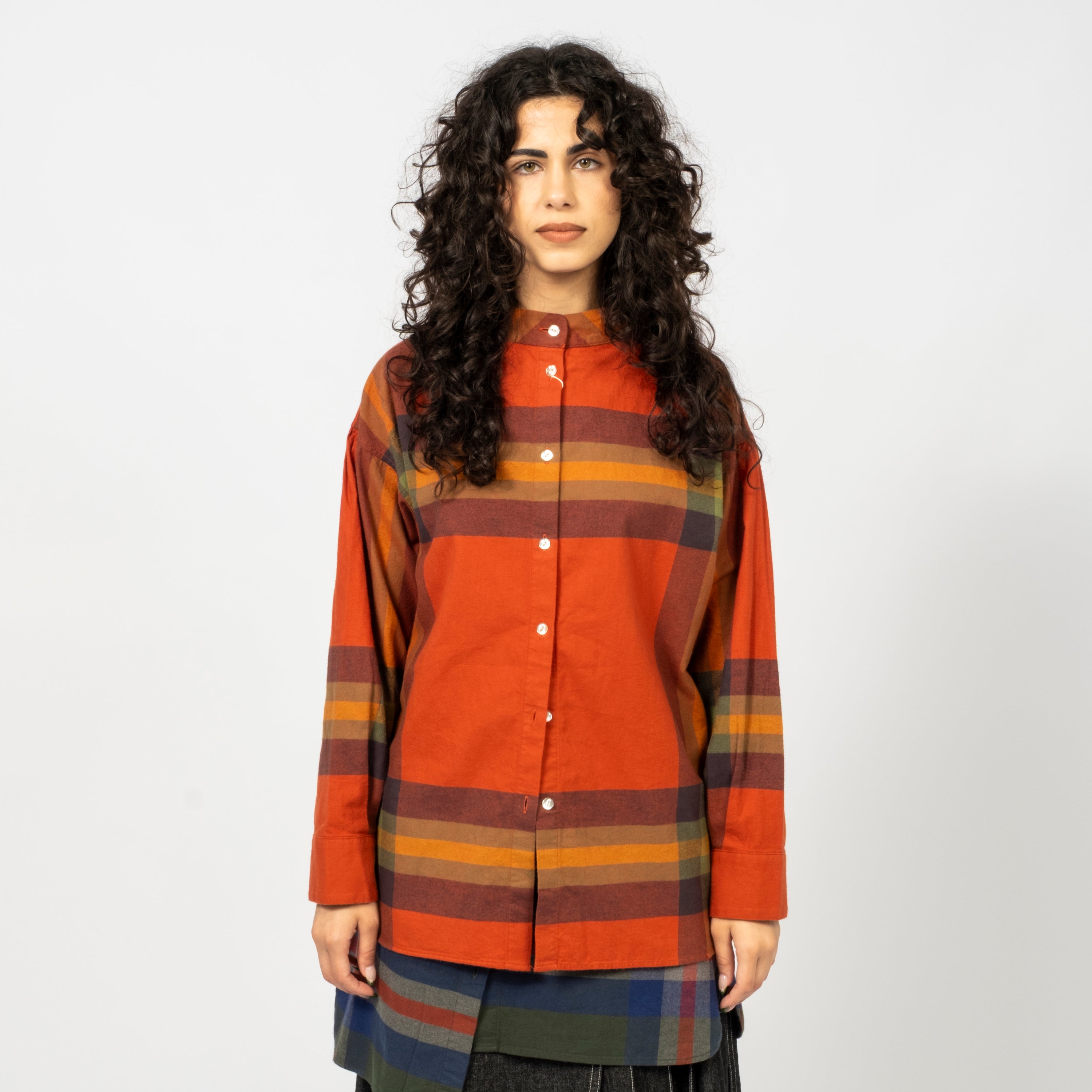 [BEAMS BOY] O.BOY BIG TARTAN HIGH-NECK COLLAR SHIRT _ ORANGE