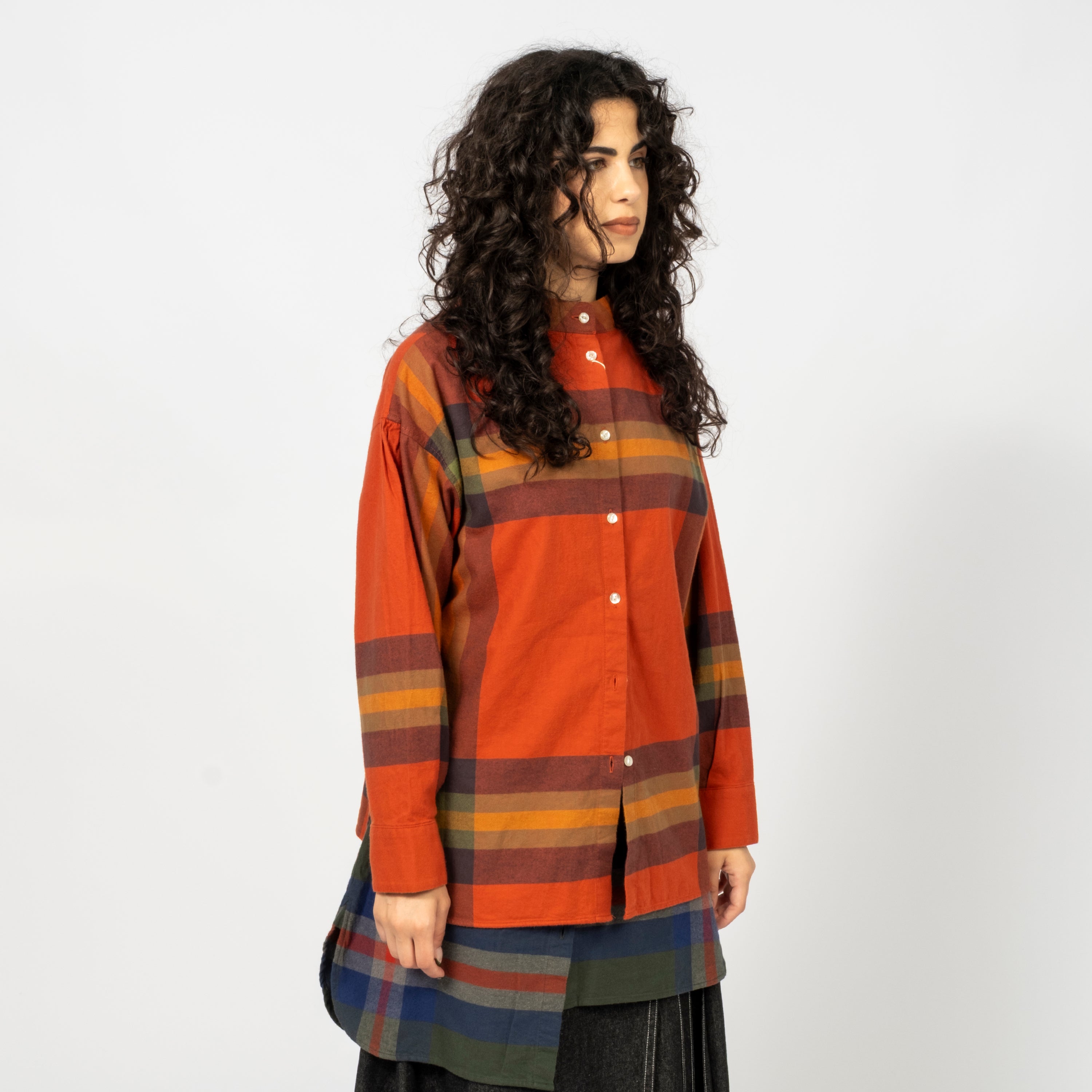 [BEAMS BOY] O.BOY BIG TARTAN HIGH-NECK COLLAR SHIRT _ ORANGE