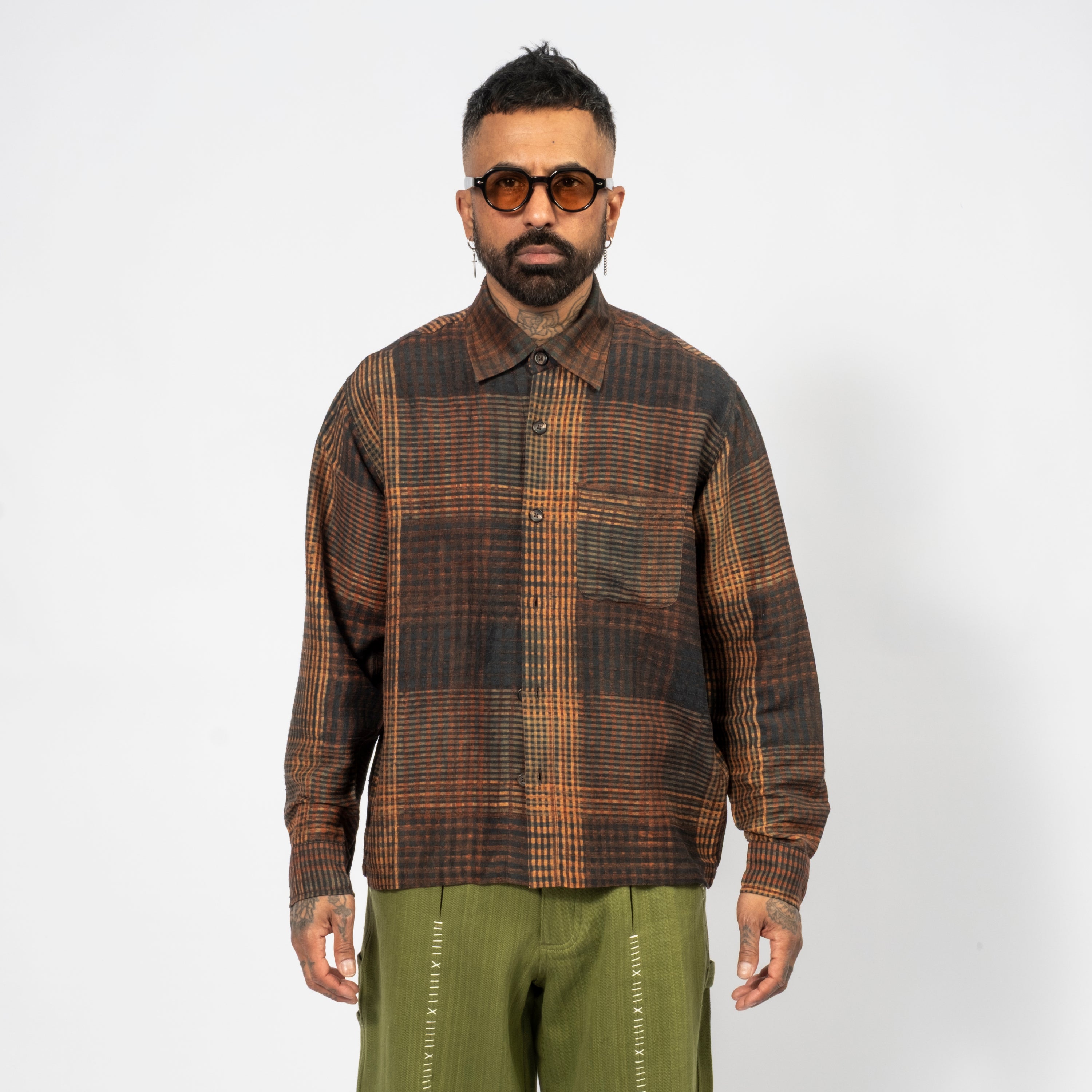 [KARTIK RESEARCH] FW25-48 BOX SHIRT _ORANGE/BLACK