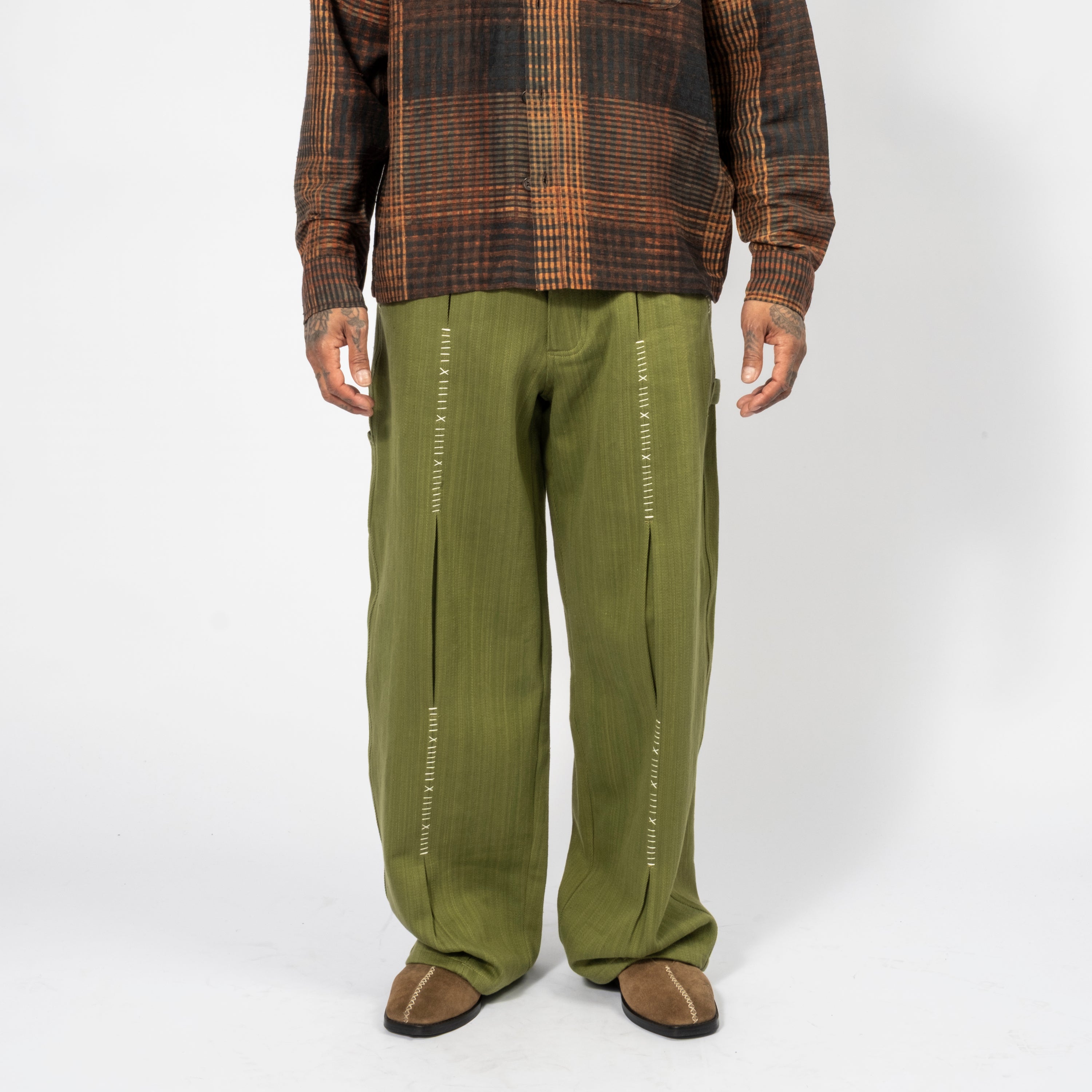 [KARTIK RESEARCH] FW25-96 SHAANTI PANTS _ GREEN/ECRU