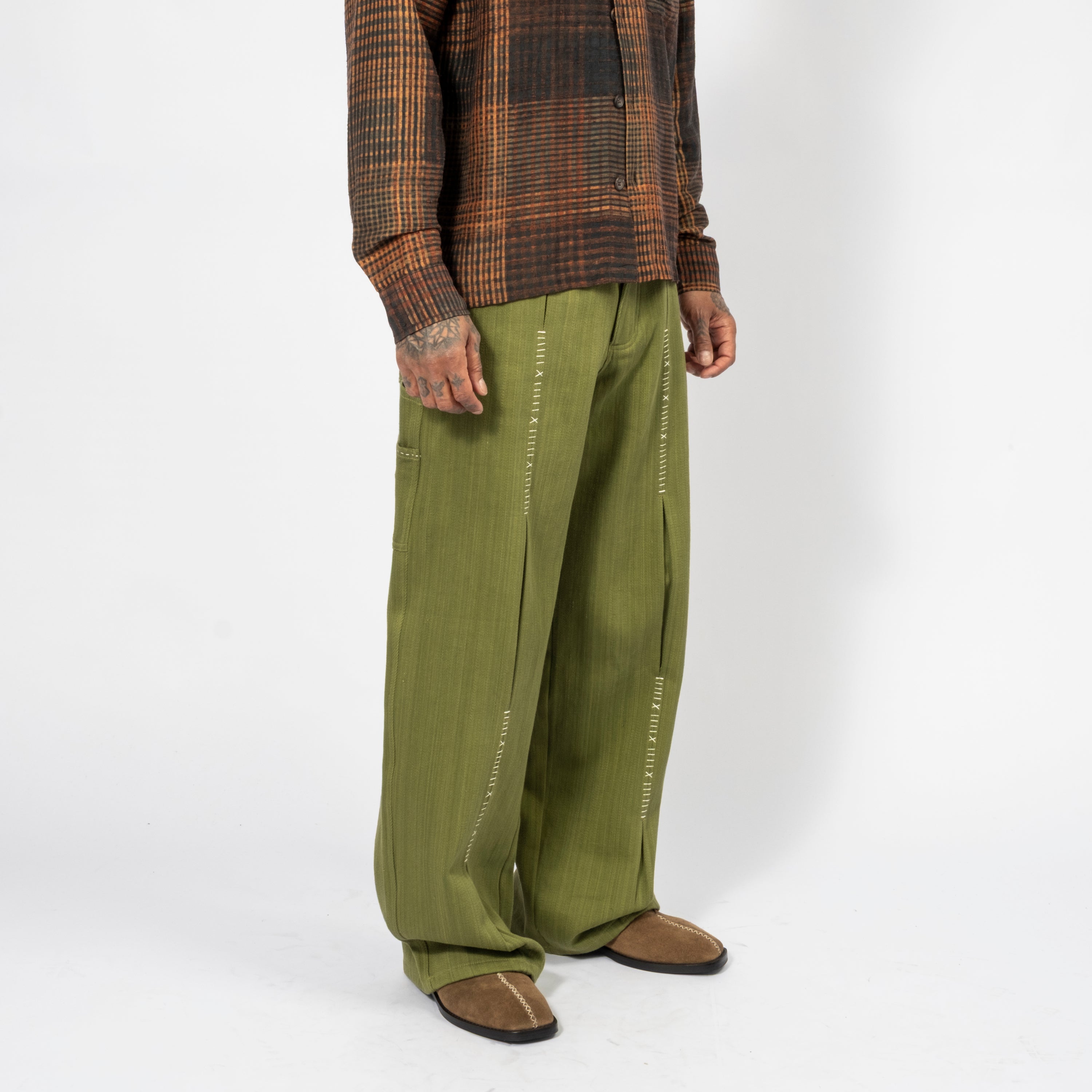 [KARTIK RESEARCH] FW25-96 SHAANTI PANTS _ GREEN/ECRU