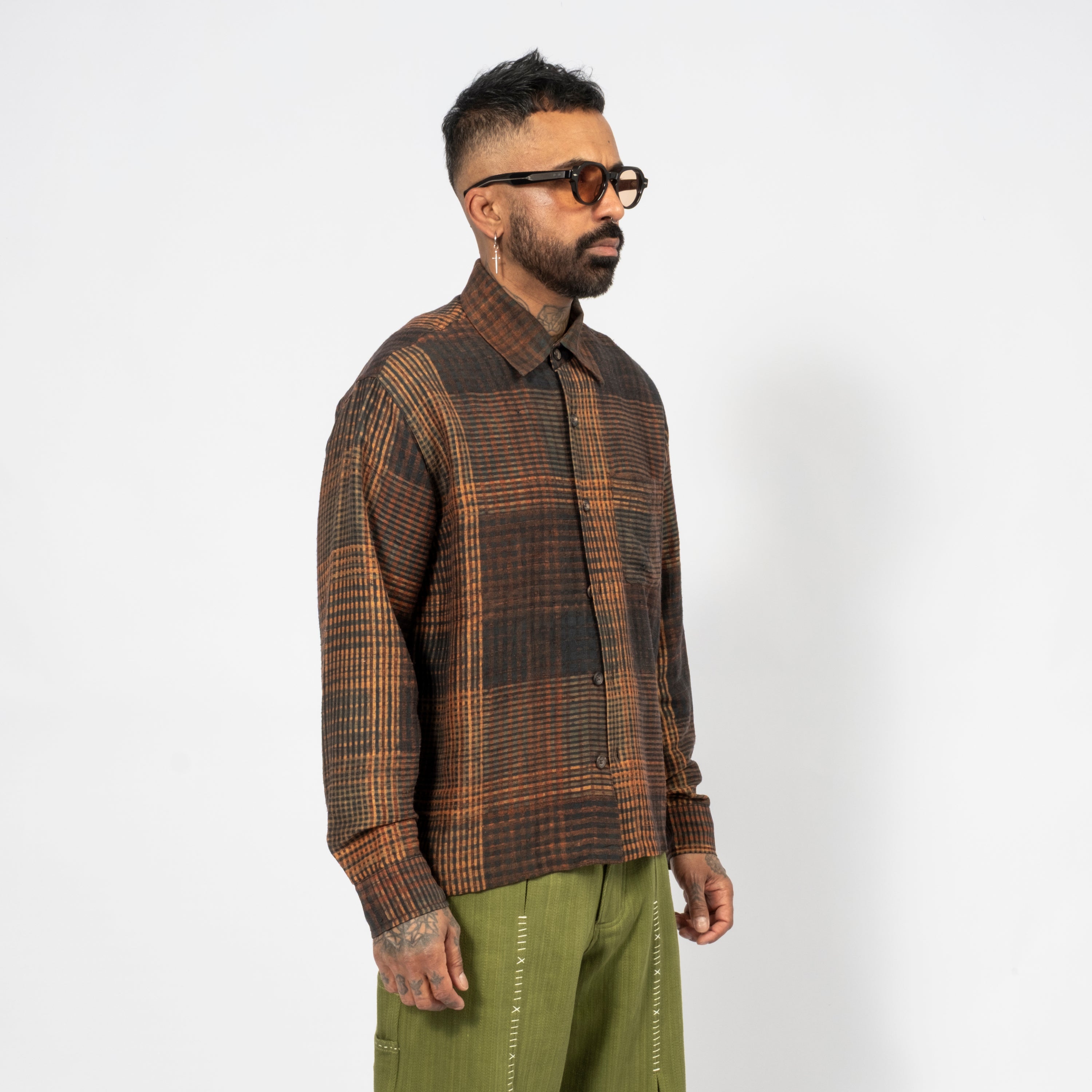 [KARTIK RESEARCH] FW25-48 BOX SHIRT _ORANGE/BLACK