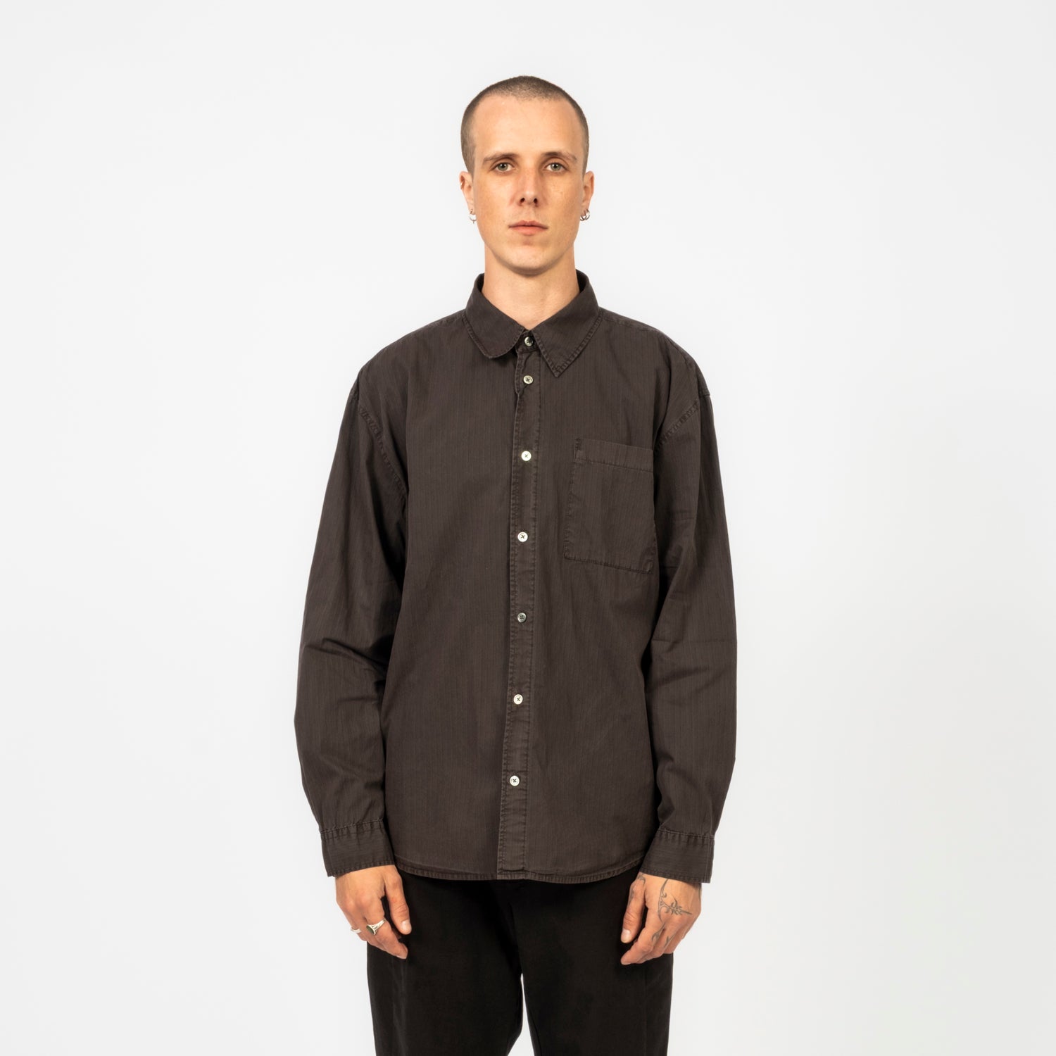 [HATCHINGROOM] MUSEUM SHIRT STRIPE OVER DYED _ PURPLE BROWN