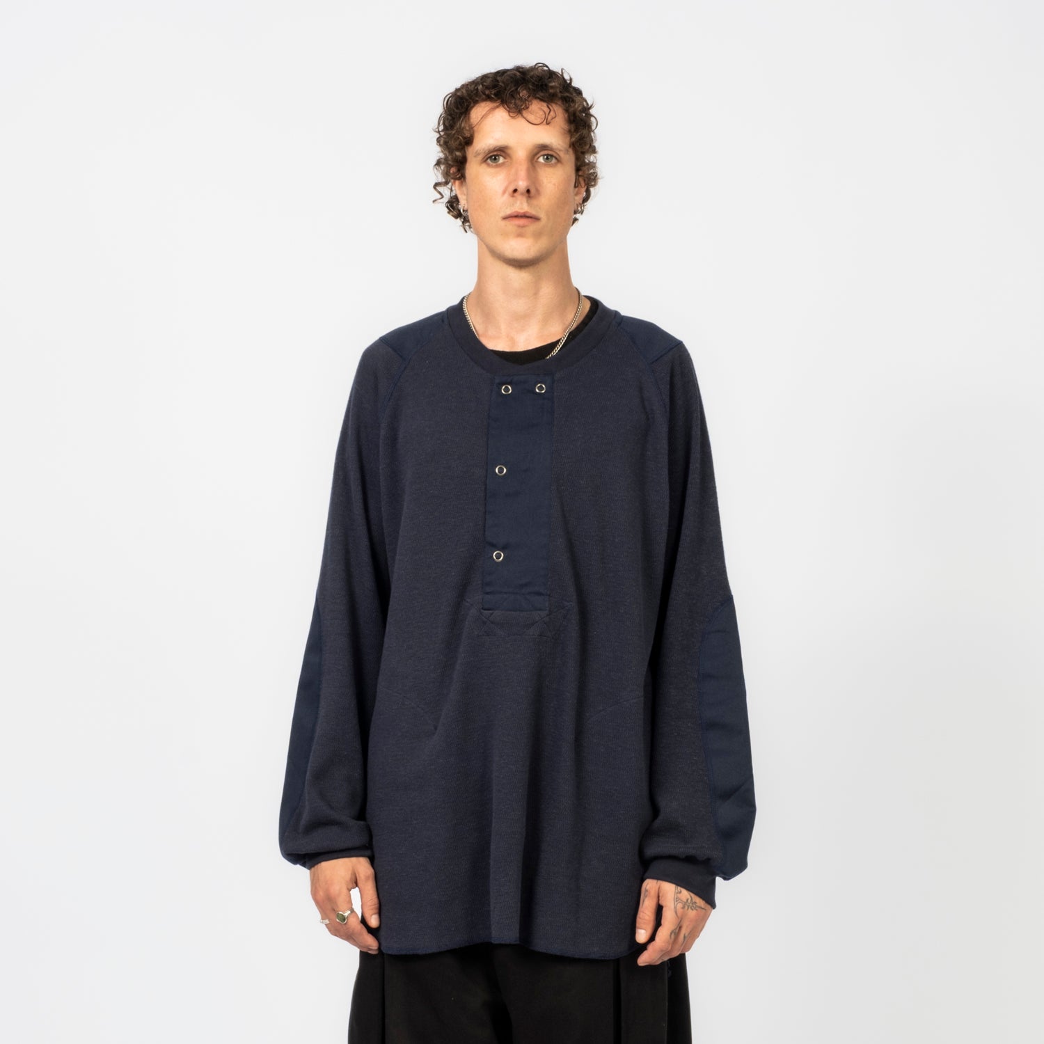 [NORBIT BY HIROSHI NOZAWA] WOOL COTTON WAFFLE HENLEY NECK T-SHIRT _ NAVY