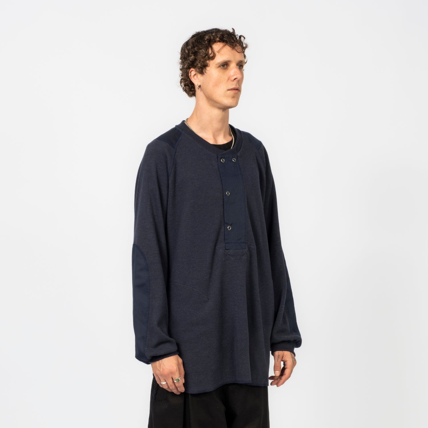 [NORBIT BY HIROSHI NOZAWA] WOOL COTTON WAFFLE HENLEY NECK T-SHIRT _ NAVY