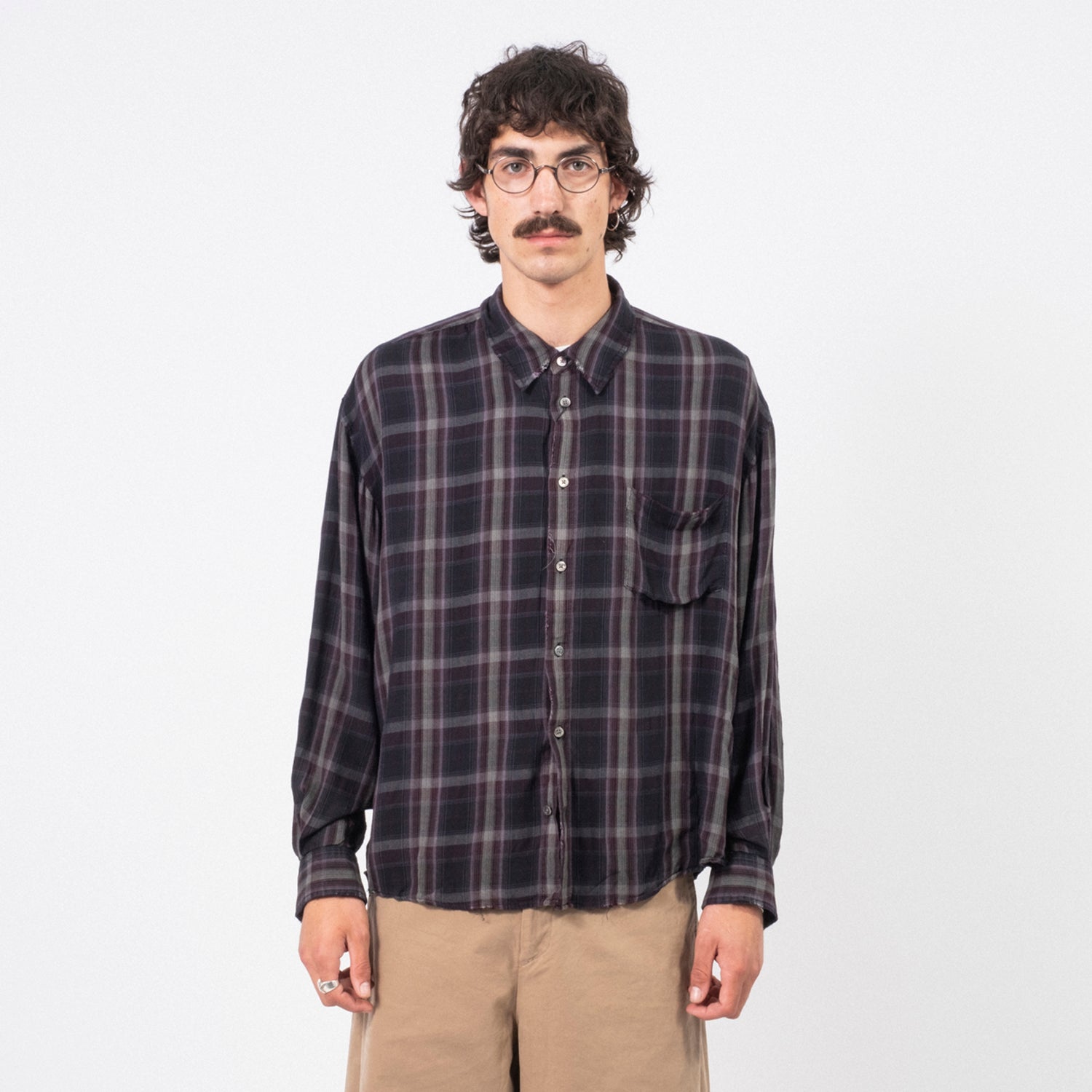 [HATCHINGROOM] CLASSIC SHIRT OVER DYED RAW CHECK _ PURPLE