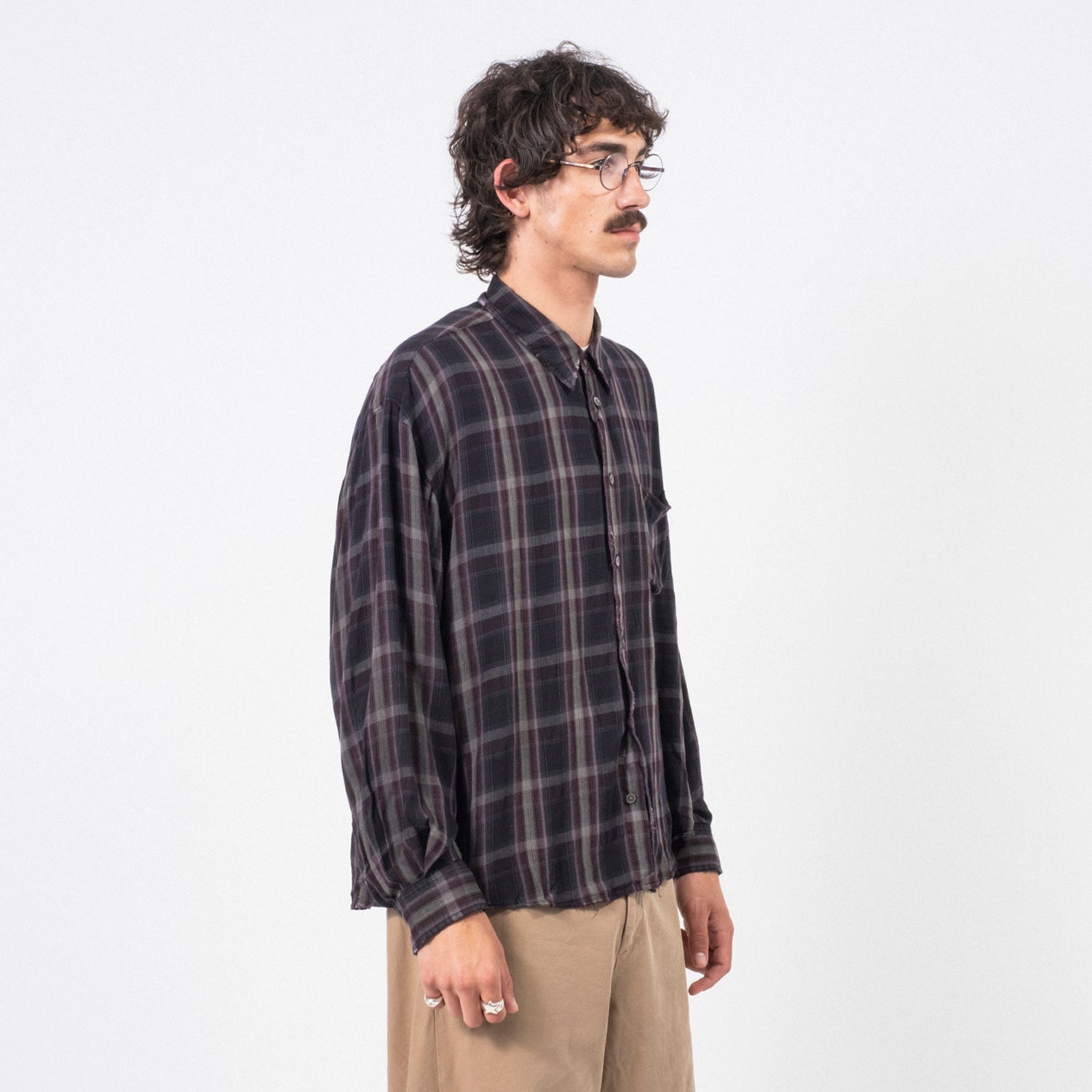 [HATCHINGROOM] CLASSIC SHIRT OVER DYED RAW CHECK _ PURPLE