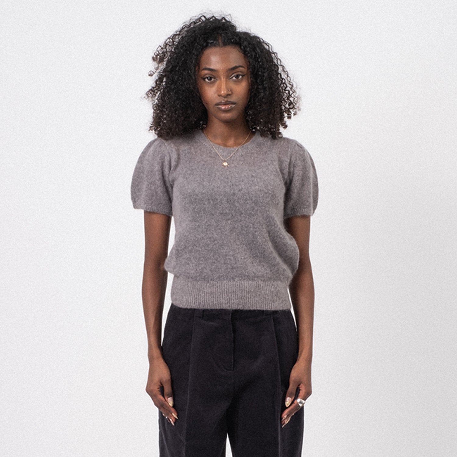 [DUNST] PETIT HALF SLEEVE KNIT TOP _ MELANGE GREY