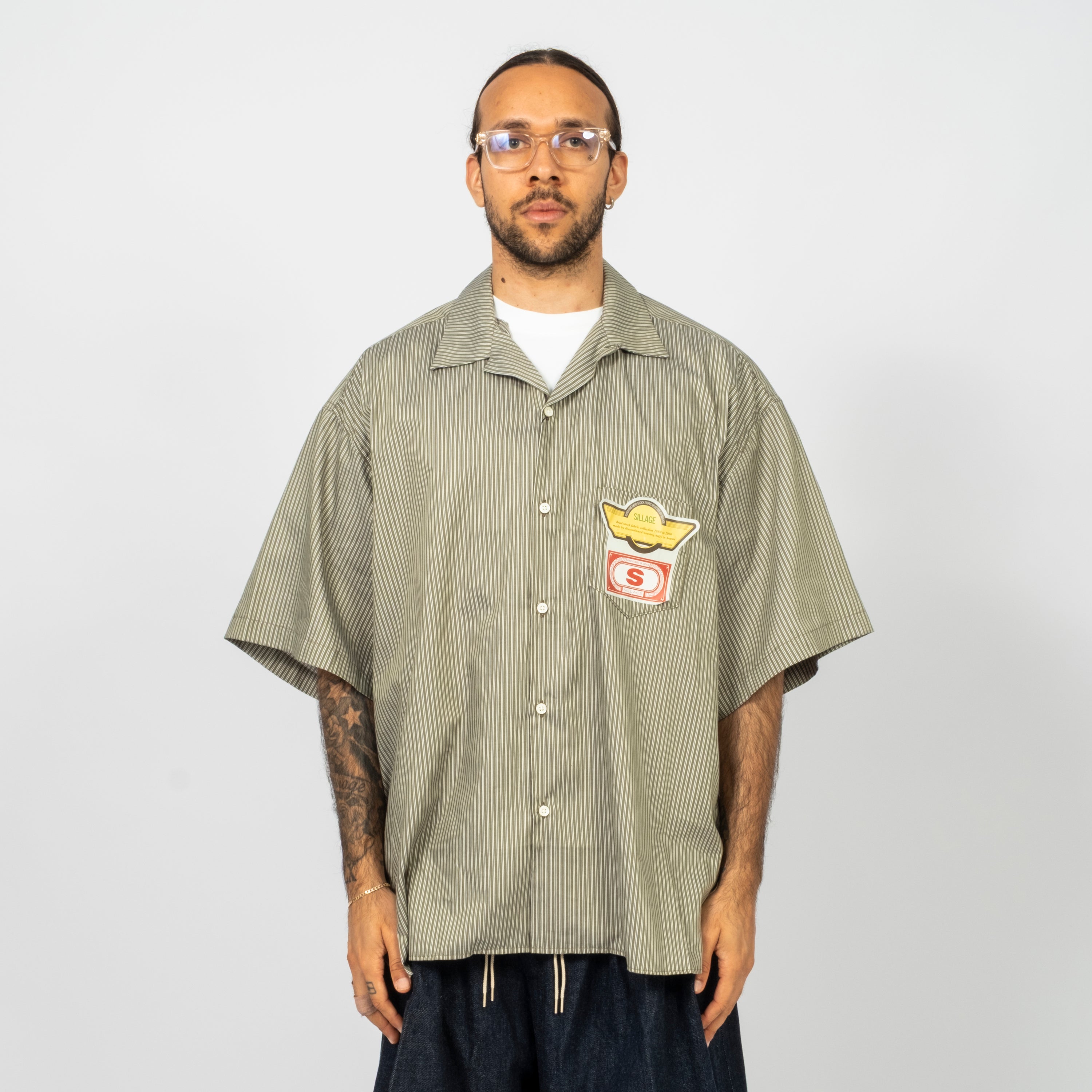 [SILLAGE] RE-ENGINEERED OVERSHIRT SHORT SLEEVE DEADSTOCK _ GREEN STRIPE