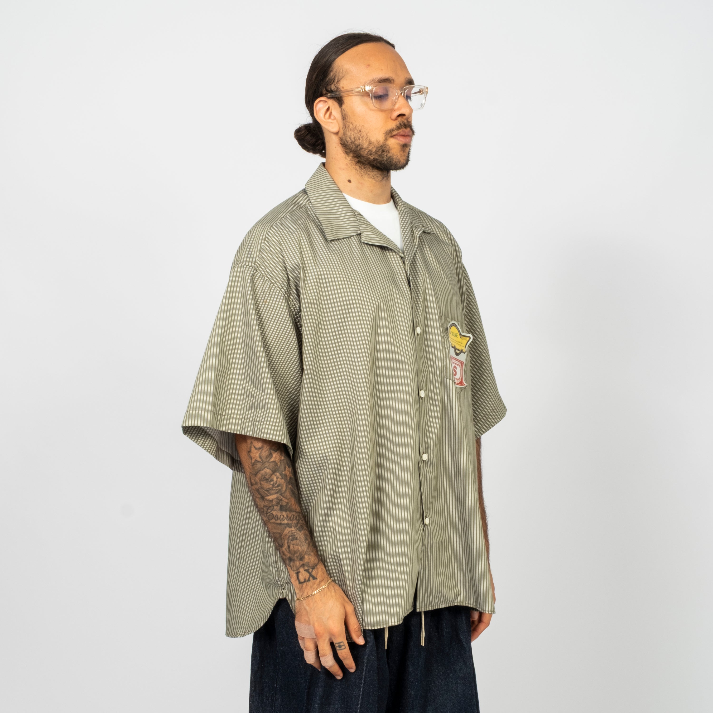 [SILLAGE] RE-ENGINEERED OVERSHIRT SHORT SLEEVE DEADSTOCK _ GREEN STRIPE