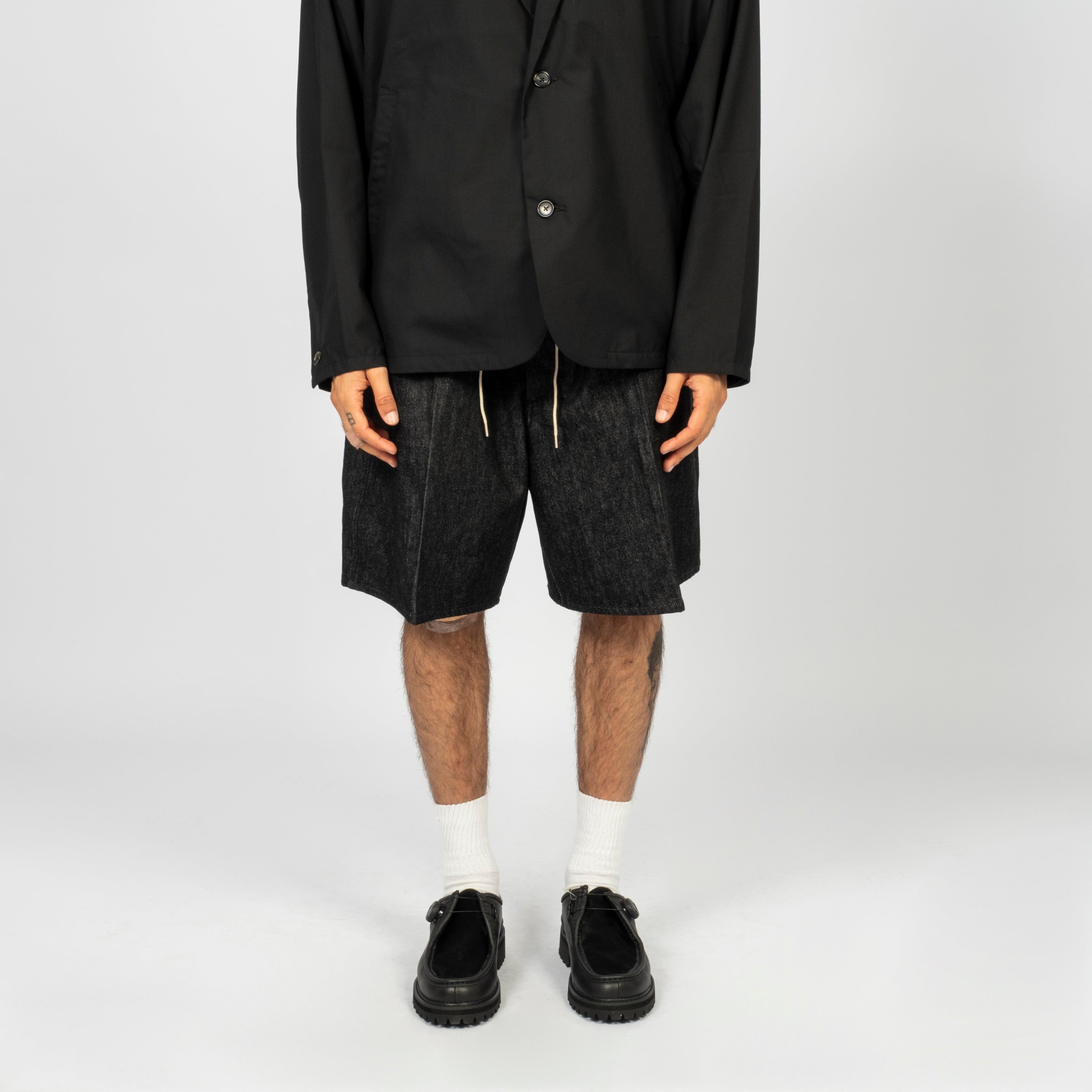 [SILLAGE] CIRCULAR FATIGUE SHORTS _ BLACK DENIM ONE WASH